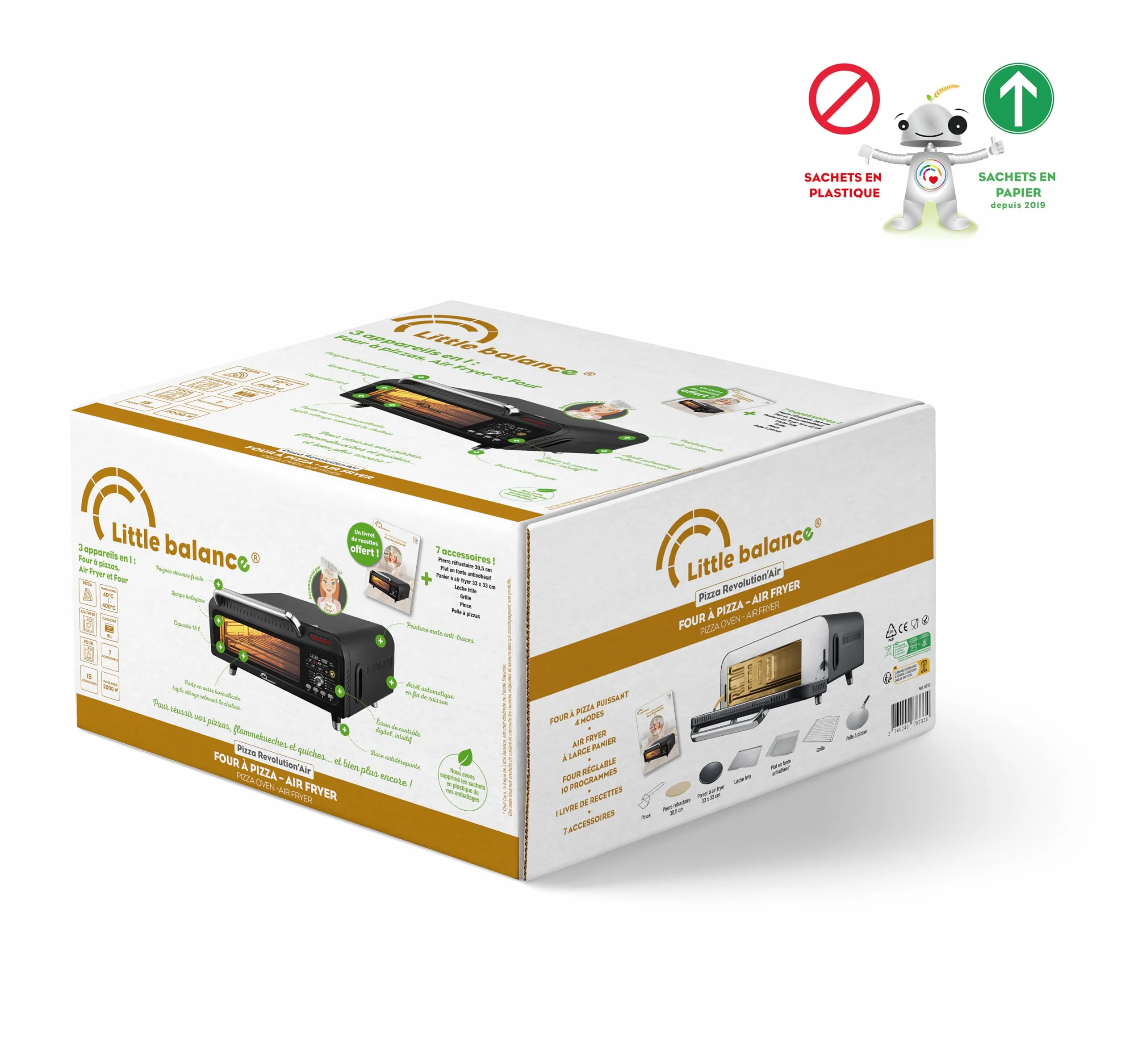 LITTLE BALANCE 8733 Revolution'Air, elektryczny piec do pizzy, wielofunkcyjny, 3 w 1, Air Fryer, piekarnik, 10 trybów gotowania, 7 akcesoriów, kamienie do pizzy, do 400°C, 2000 W, czarny