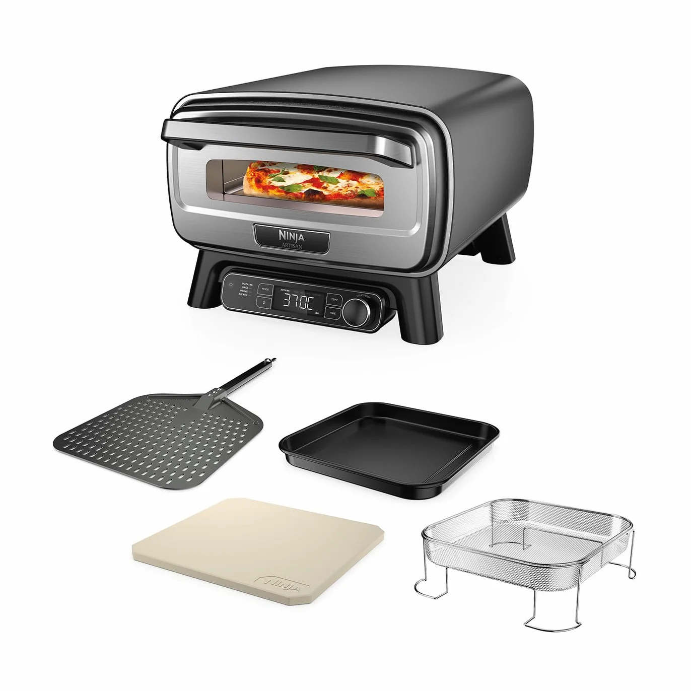 Ninja Artisan Elektryczny piec do pizzy i frytkownica, 4 funkcje: Pizza, Smażenie beztłuszczowe, Wypieki i Garowanie ciasta, 5 ustawień pizzy, kamień 30 cm, łopatka, blacha, kosz, szary MO201EU