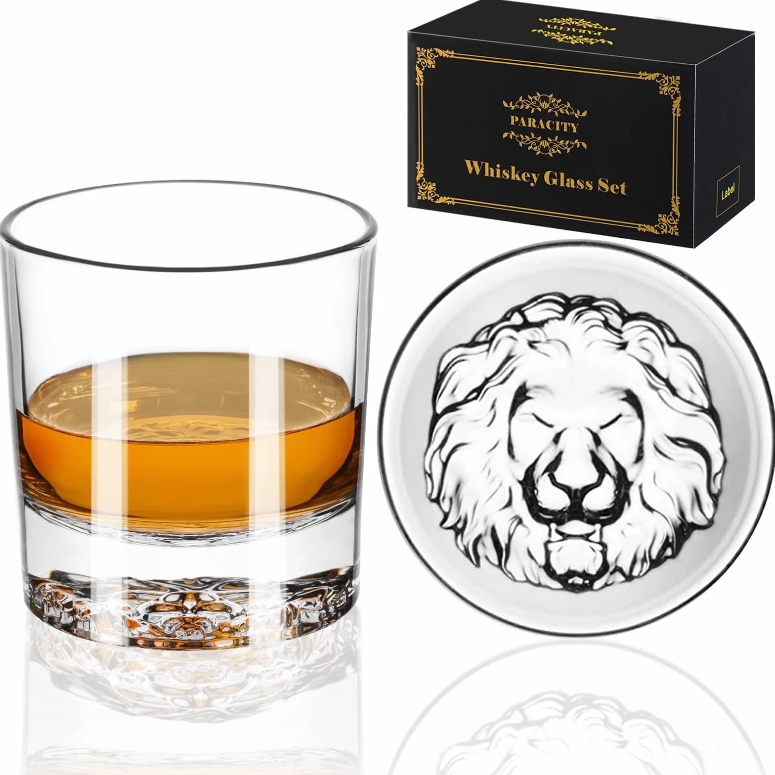 PARACITY Zestaw 2 szklanek do whisky, wzór lwa, grube dno, 300 ml, kryształowe szklanki do whisky, ginu, wódki, kieliszków koktajlowych, zestaw upominkowy do whisky, nadają się do użytku w barach
