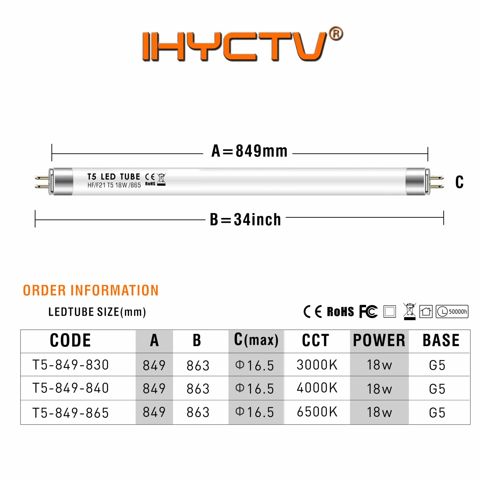 IHYCTV Tuba LED T5 84,9 cm F21T5 18 W 2050 lm 4000K 840 zimna biel, zamiennik 39W Fluorescencyjny G5, kompatybilna z EVG, instalacja bezpośrednia, ochrona przed oślepianiem 140°, 1 sztuka