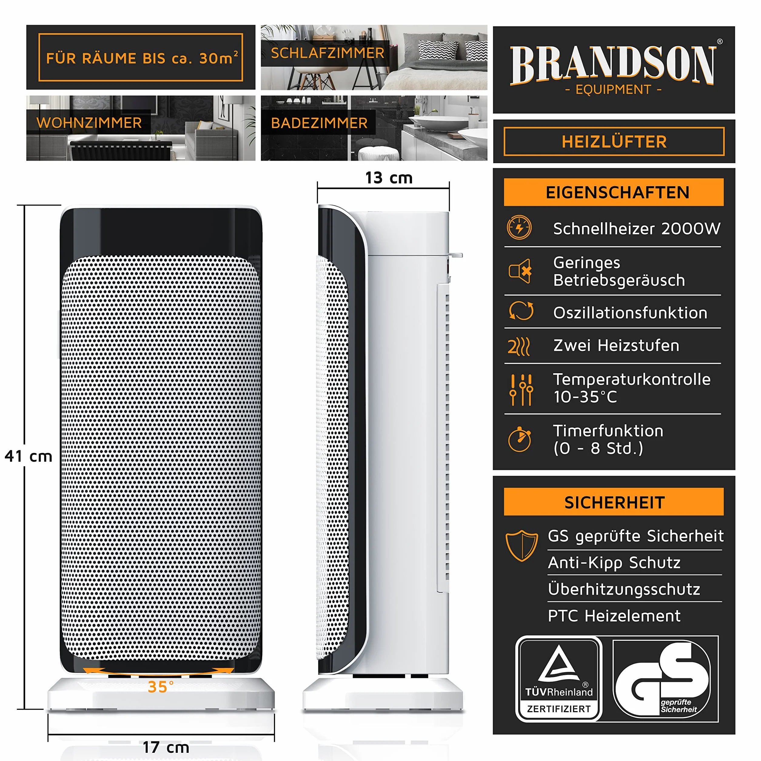 Brandson Ceramiczny Termowentylator z Pilotem Zdalnego Sterowania, 2000W, 42 x 18 x 14 cm