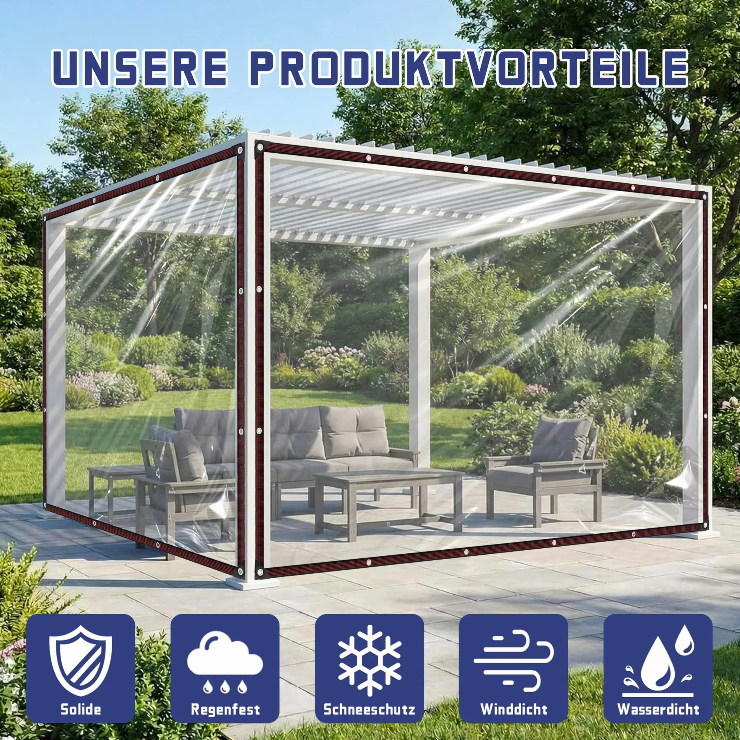 QOFLY Plandeka przezroczysta z oczkami 2 x 2 m | plandeka okryciowa, przezroczysta do zastosowania na zewnątrz i na zewnątrz, wodoszczelna folia, plandeka z tkaniny