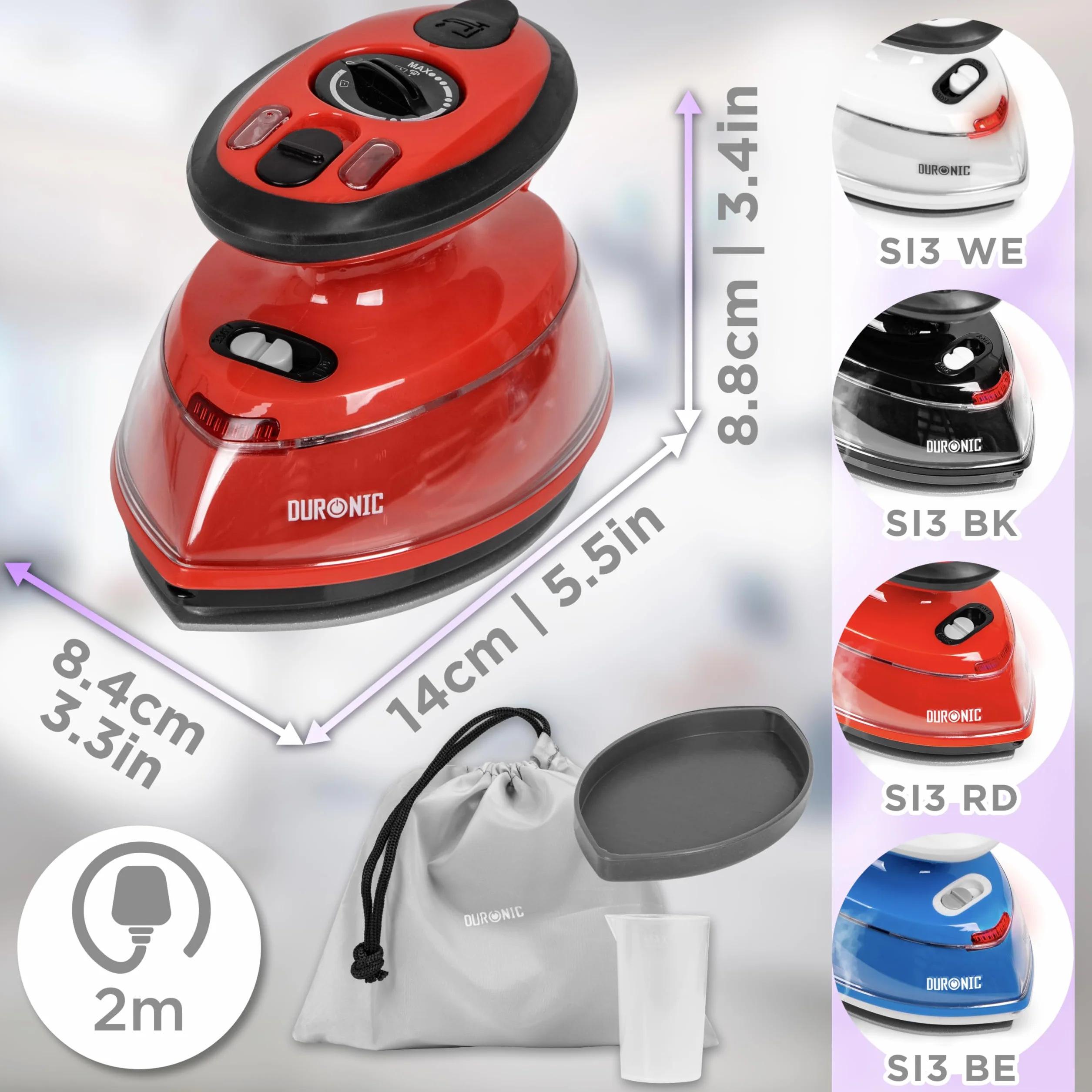 Duronic SI3 RD Żelazko podróżne małe 400W z pokrowcem i pojemnikiem na wodę 50ml | funkcja pary | turystyczne mini żelazko na wyjazdy | nieprzywierająca stopka | regulacja temperatury | 220V lub 110V