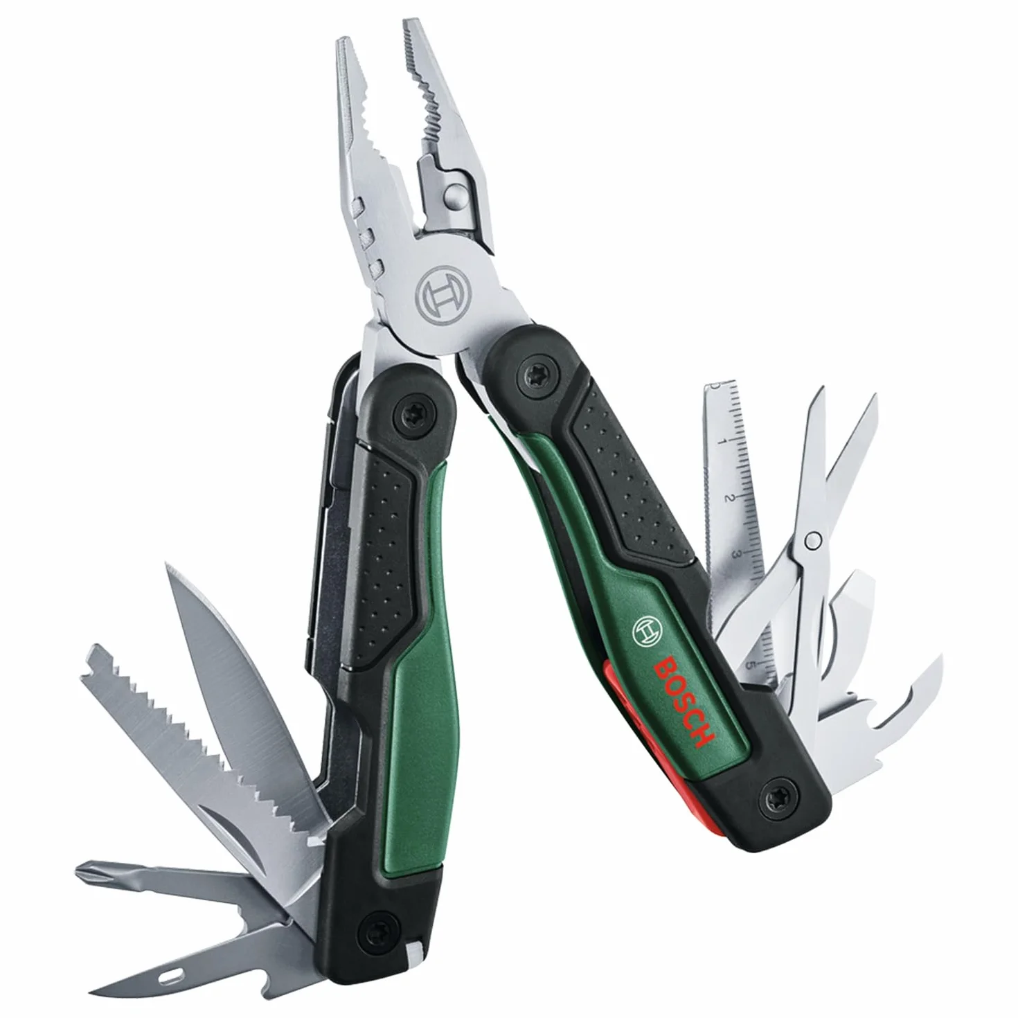Bosch multitool 16 w 1 (wielofunkcyjny nóż, prac na zewn. i na kempingu, stal nierdz., funkcja blokady, miękka okł. Softgrip, 16 funkcji: szczypce, szczypce do cięcia drutu, wkrętak, nóż, piła itp.)