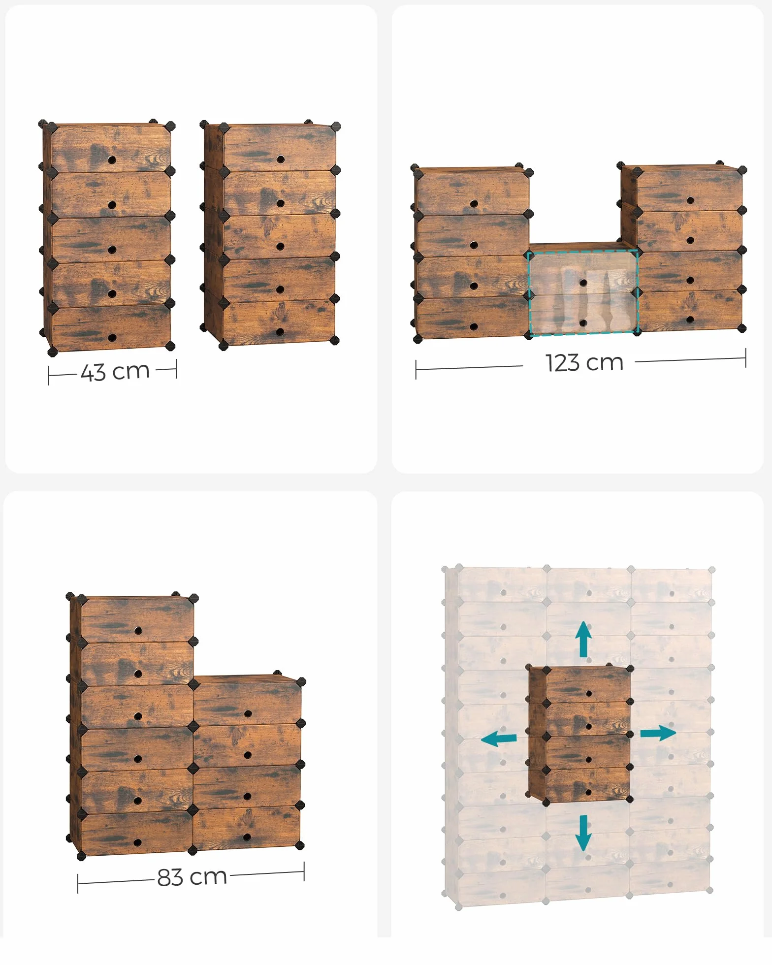 SONGMICS Blokujący stojak na buty, prostokątny organizer do przechowywania, modułowa półka do przechowywania, 40 x 30 x 17 cm, na każdą przegródkę, szafa z tworzywa sztucznego z drzwiami, rustykalny