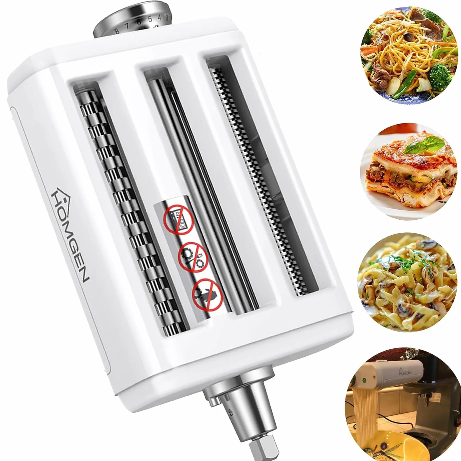 HOMGEN Nasadka do makaronu 3 w 1 do miksera KitchenAid, zestaw z wałkiem, krajalnicą do spaghetti i fettuccine, wytrzymałe nakładki ze stali nierdzewnej