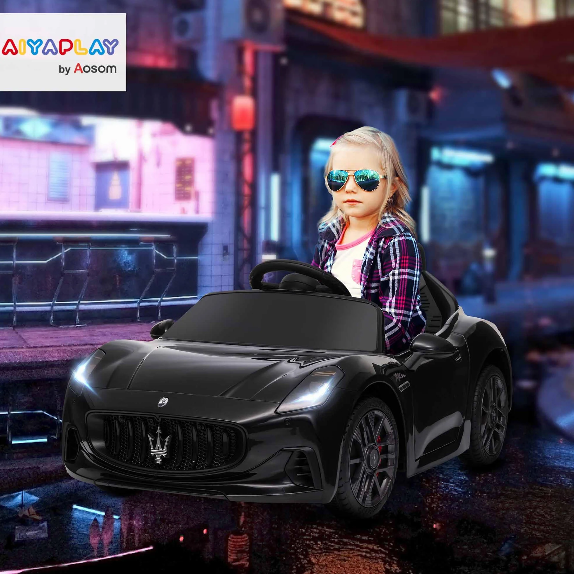 AIYAPLAY Maserati Gran Turismo Folgore, samochód elektryczny dla dzieci, 12 V, pilot zdalnego sterowania, reflektory LED, muzyka, klakson, MP3, samochód dla dzieci od 3 do 5 lat, czarny