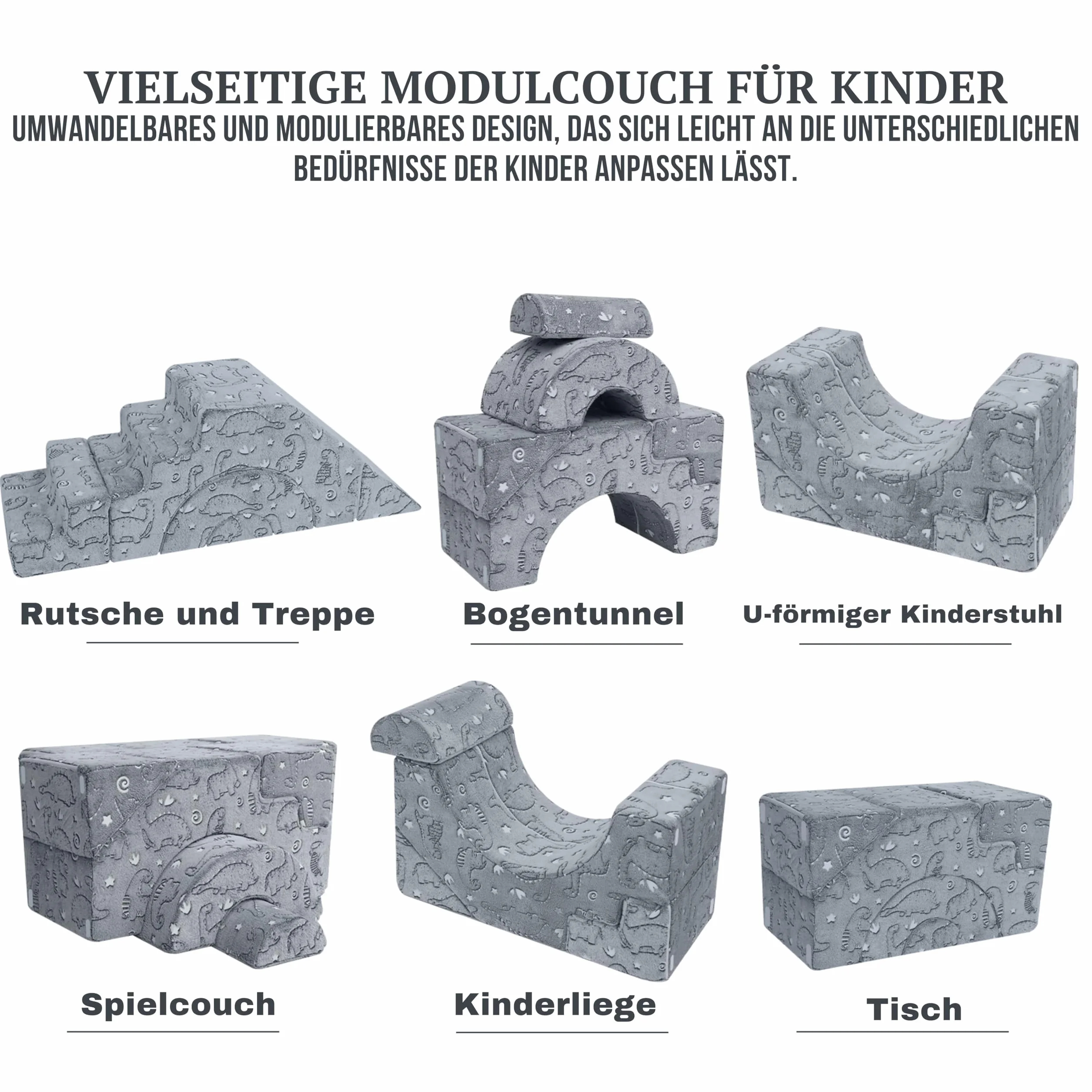 MeMoreCool Modułowa sofa dziecięca z pianki, rozkładany mebel do pokoju dziecięcego z funkcją siedzenia i leżenia, miękka mini sofa ze zdejmowanym pokrowcem, szary dinozaur
