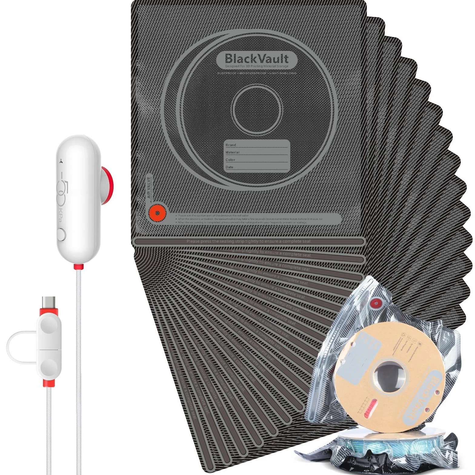 Vacbird Zestaw próżniowy do przechowywania filamentu 3D, 30 worków czarnych z pompą USB 30x34 cm