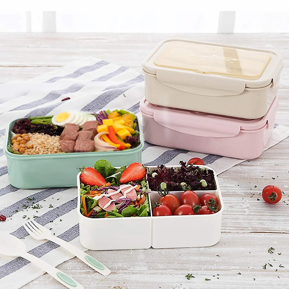 BIBURY Lunch Box, plastikowe pudełko na lunch dla dzieci dorosłych, pudełko na lunch z trzema przegródkami i sztućcami (widelec i łyżka), nie zawiera BPA, do mikrofalówki i zmywarki - Khaki