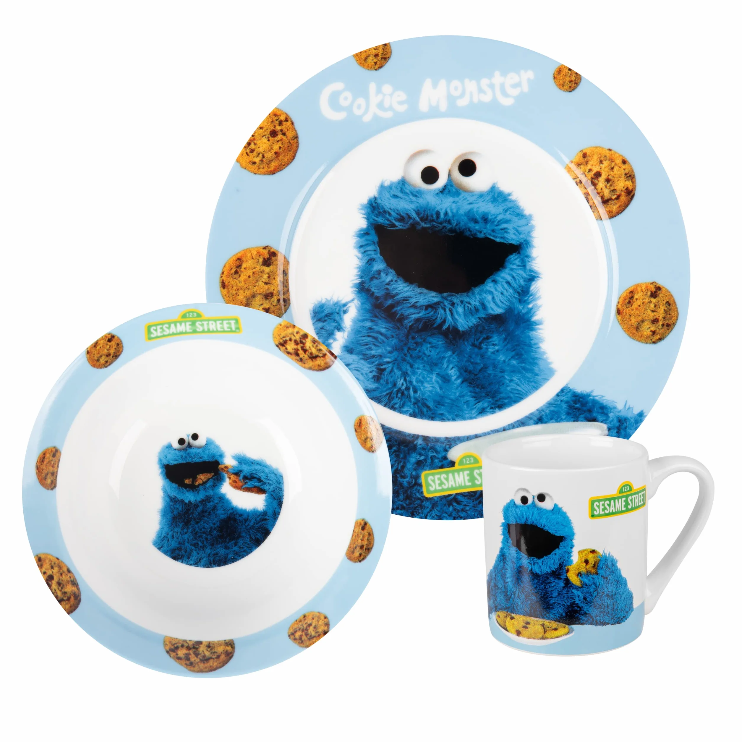 Ulica Sezamkowa Zestaw śniadaniowy Cookie Monster 3-częściowy porcelanowy niebieski talerz miska kubek