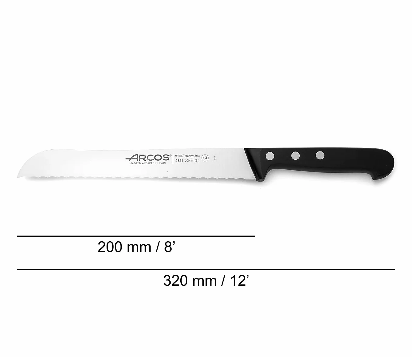 Arcos Nóż do chleba 20 cm Nitrum ze stali nierdzewnej i ostrze 200 mm, uzyskaj dużą różnorodność cięć do jedzenia, idealny nóż do codziennego użytku domowego, seria uniwersalna, kolor czarny