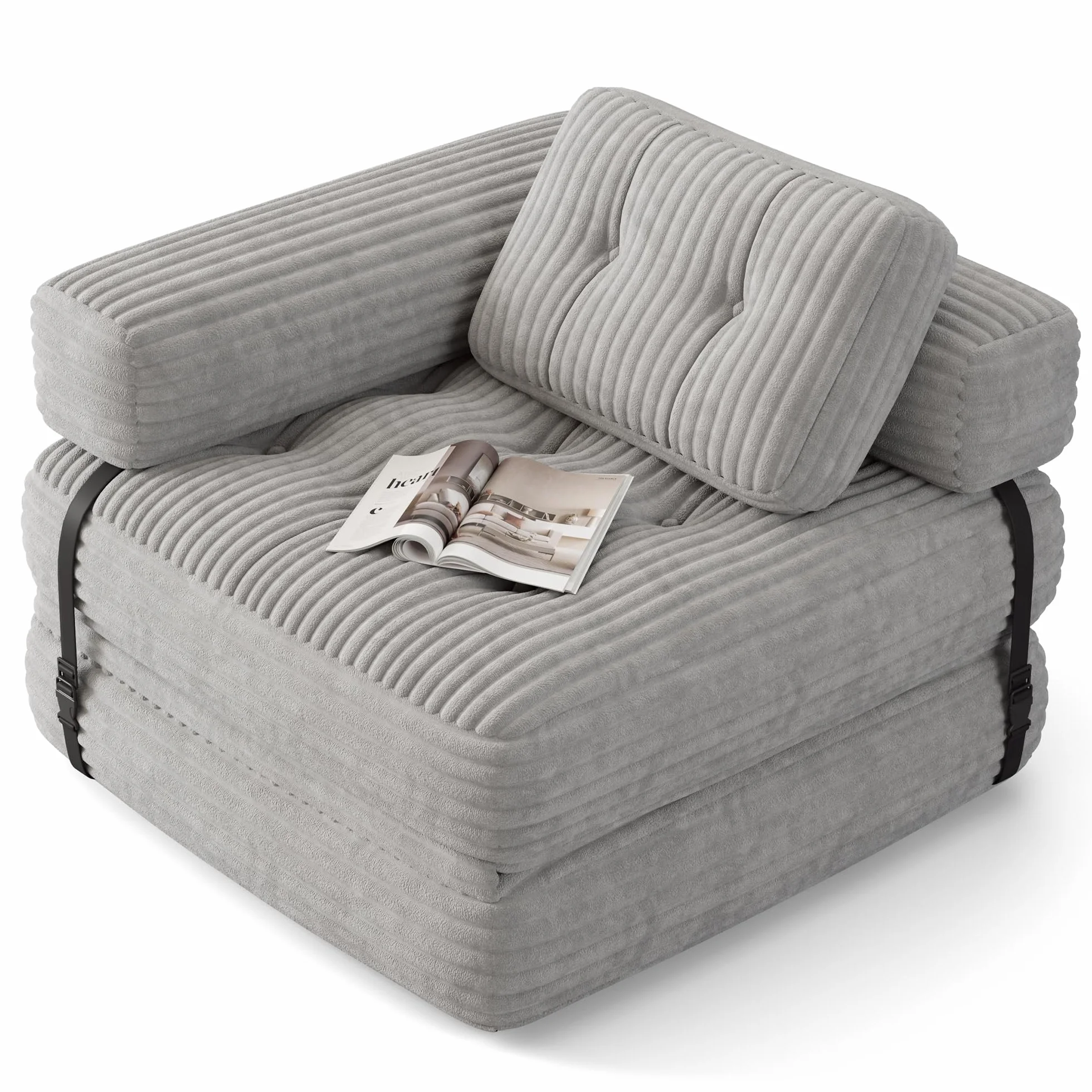 Xbro Składana sofa z podłokietnikiem w kształcie litery L, składany fotel 2 w 1 przenośny do małych przestrzeni, sztruksowa tkanina z wypełnieniem piankowym, 190 x 85 cm rozłożony (jasnoszary)