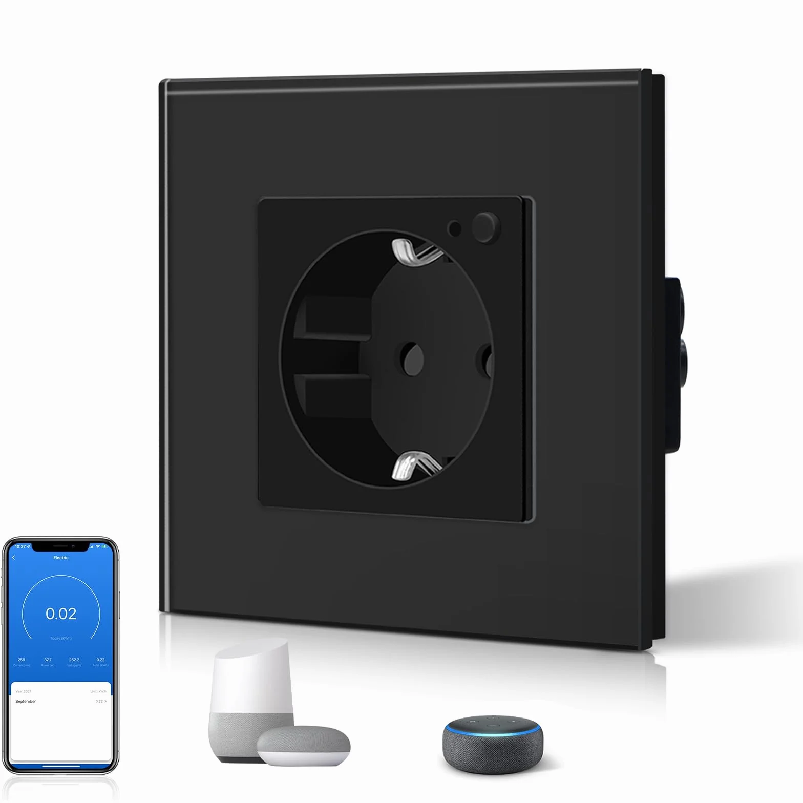 BSEED Schuko gniazdko elektryczne WiFi, podtynkowe, z monitorowaniem energii, 16 A, Smart Alexa, sterowanie aplikacją, pomiar zużycia prądu, harmonogramy, timer, tylko 2,4 GHz, czarne