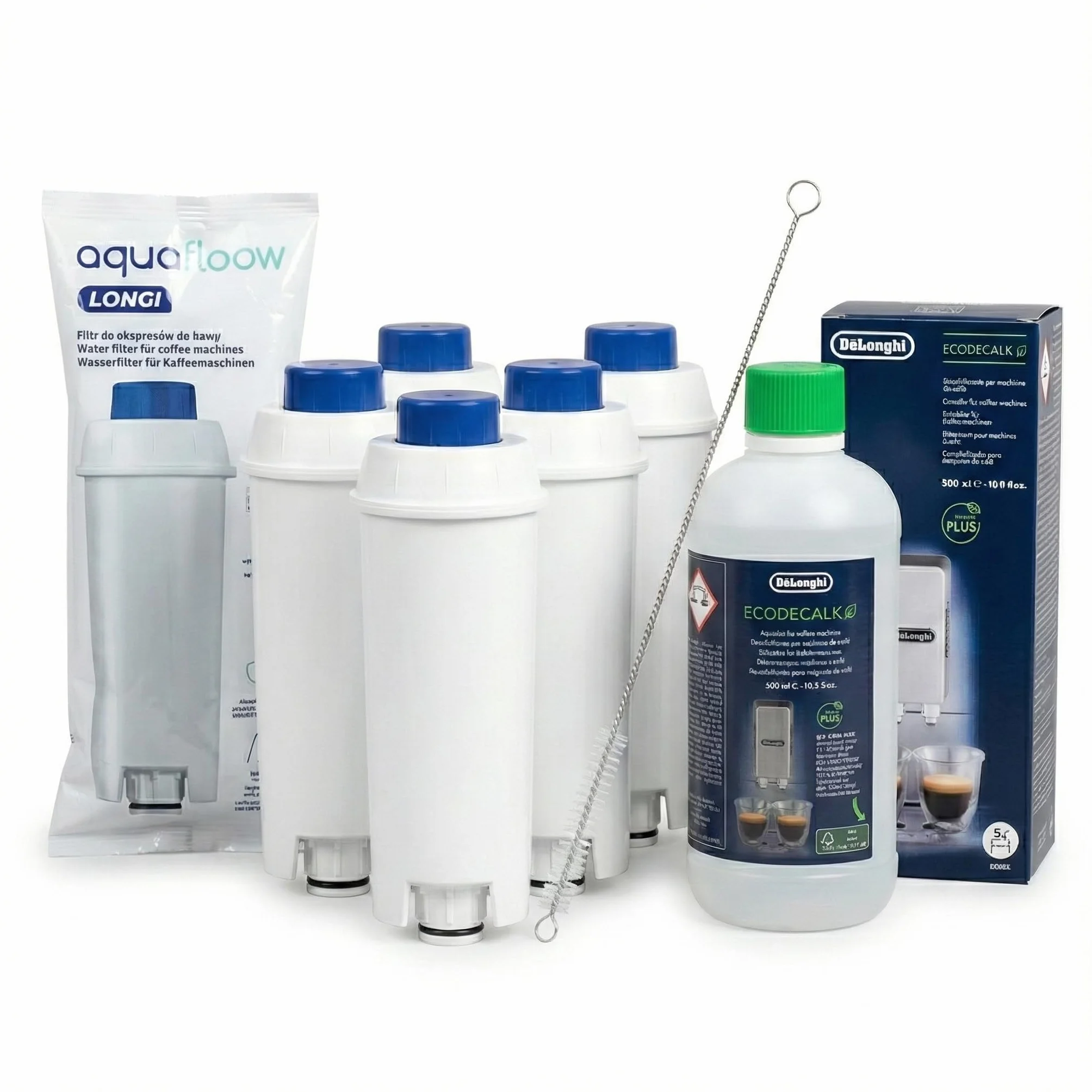 Aquafloow Filtr wody kompatybilny z DeLonghi DLSC002 i Odkamieniacz EcoDecalk 500ml Zestaw konserwacyjny do ekspresów Magnifica S Evo Dinamica