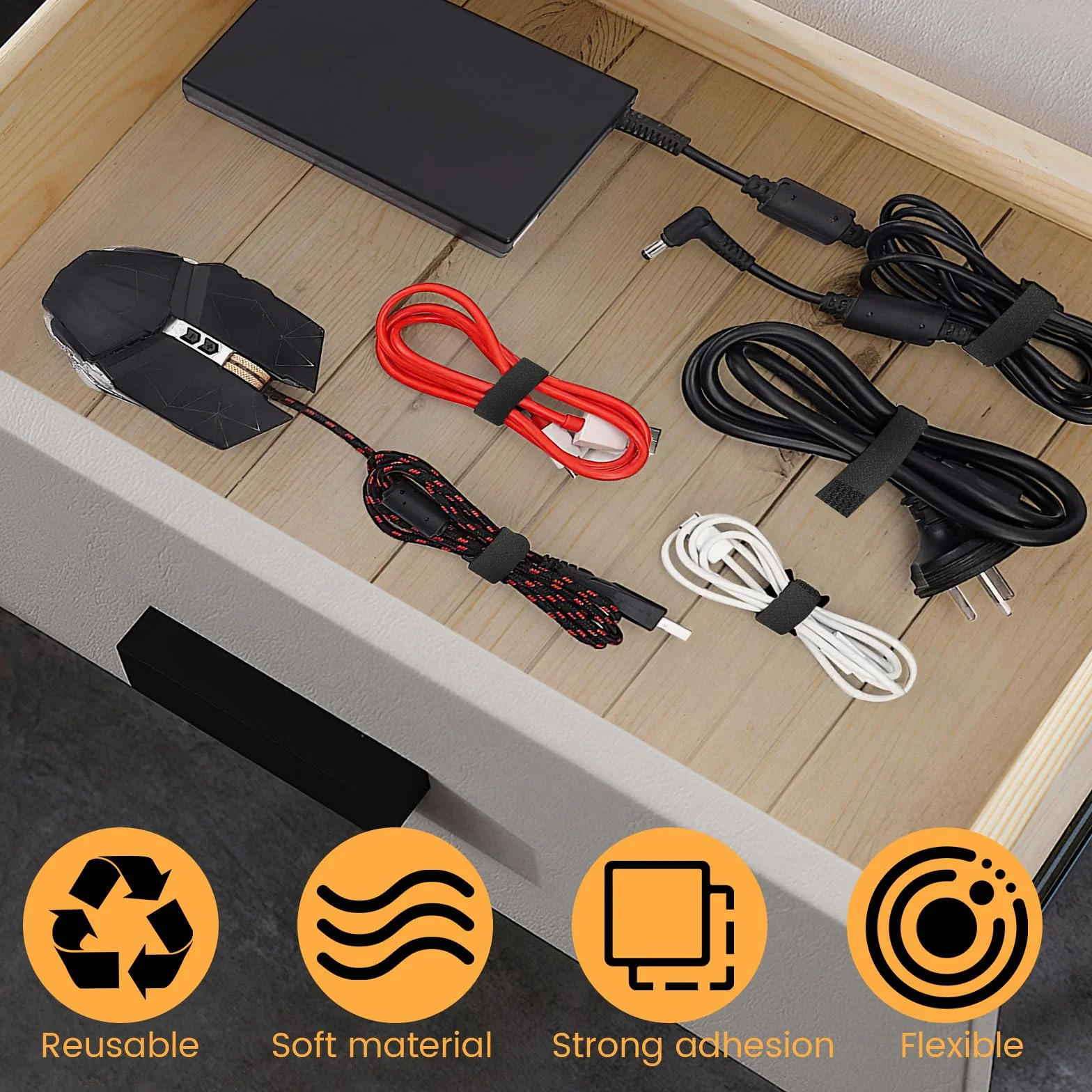 Regulowane paski kablowe 10 m x 2 cm z 60 pętlami, pasek do opaski kablowej, wielokrotnego użytku, łatwe do przycięcia, dla uporządkowania i porządkowania kabli, czarne