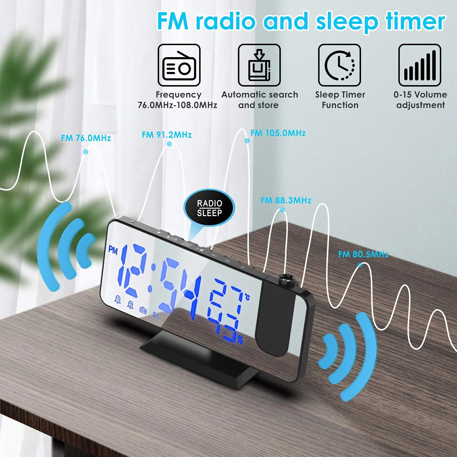 TAKRINK budzik cyfrowy z projekcją, 4 poziomy jasności, podwójny alarm 12/24 h, port USB
