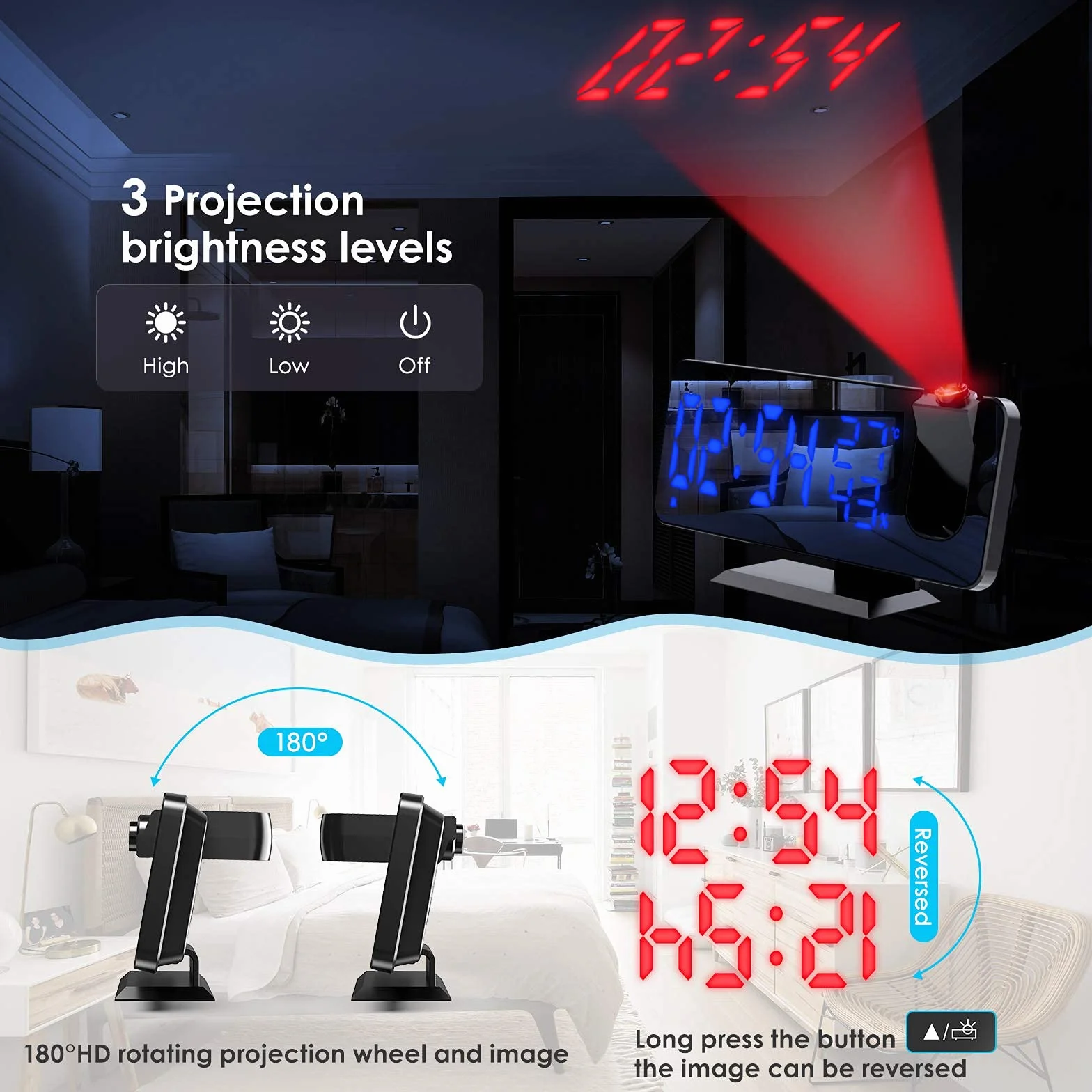 TAKRINK budzik cyfrowy z projekcją, 4 poziomy jasności, podwójny alarm 12/24 h, port USB