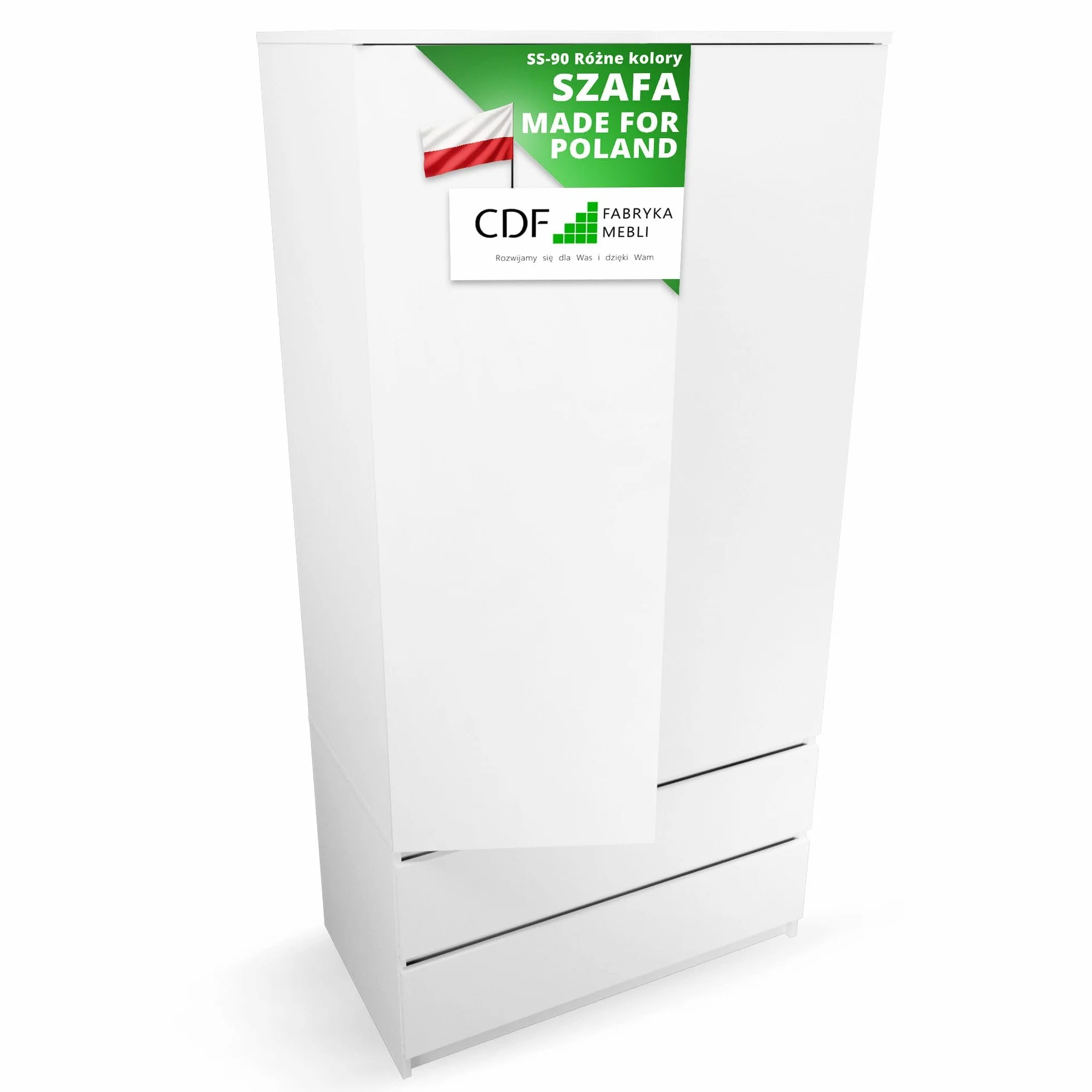 CDF Nowoczesna Szafa do Garderoby 90cm Dwudrzwiowa z 2 Szufladami System TIP-ON Bezuchwytowa Szafka do Sypialni Biura i Przedpokoju Pakowna Konstrukcja Meble - Biel Mat