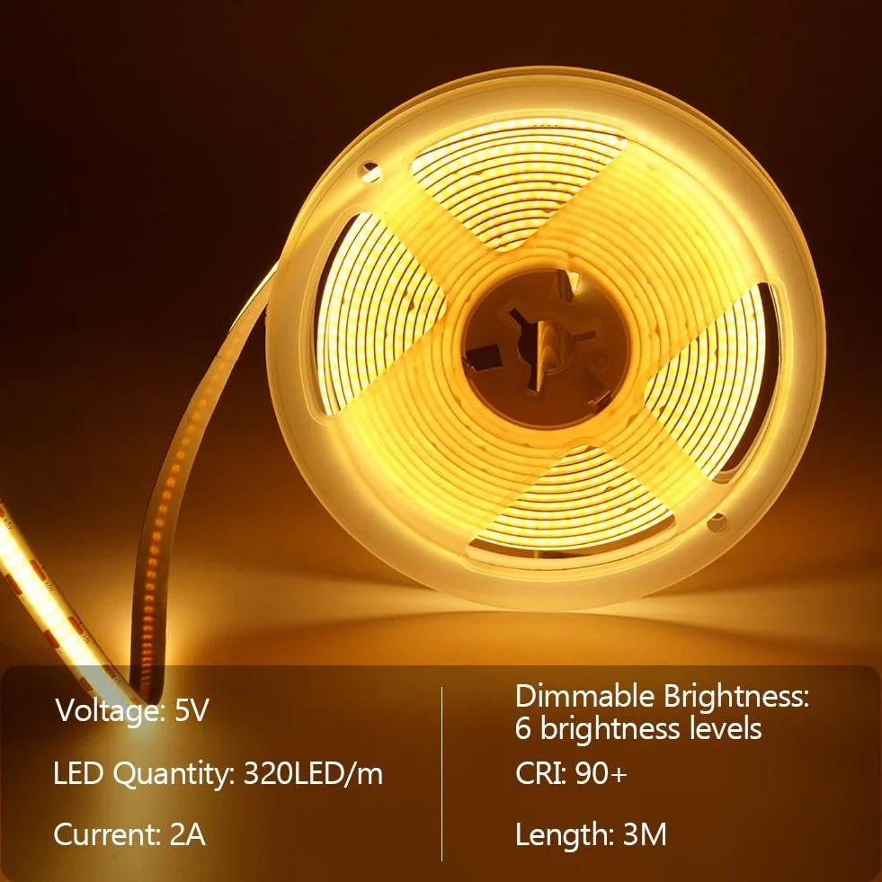 HOTUT Taśma LED COB LED, 3 m, ciepła biel, 5 V, ściemniana, elastyczna, samoprzylepna, do domu, kuchni, lustra, dekoracja