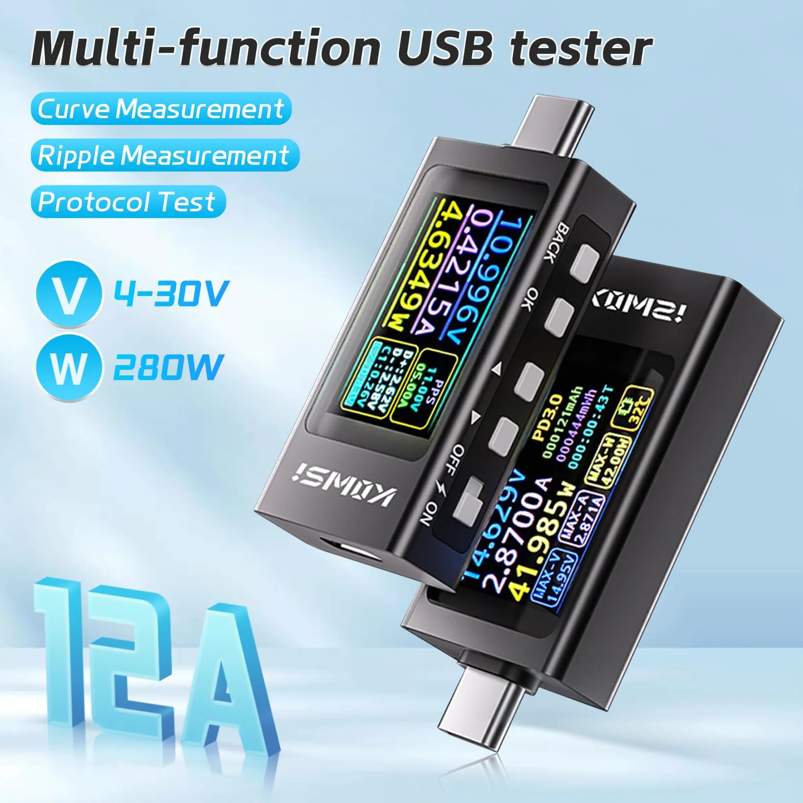 diymore Tester USB 3,3 V-40 V 12 A USB cyfrowy tester mocy, miernik prądu, napięcie, woltomierz, detektor wydajności z pomiarem krzywizny, pomiar tętnienia, test protokołu