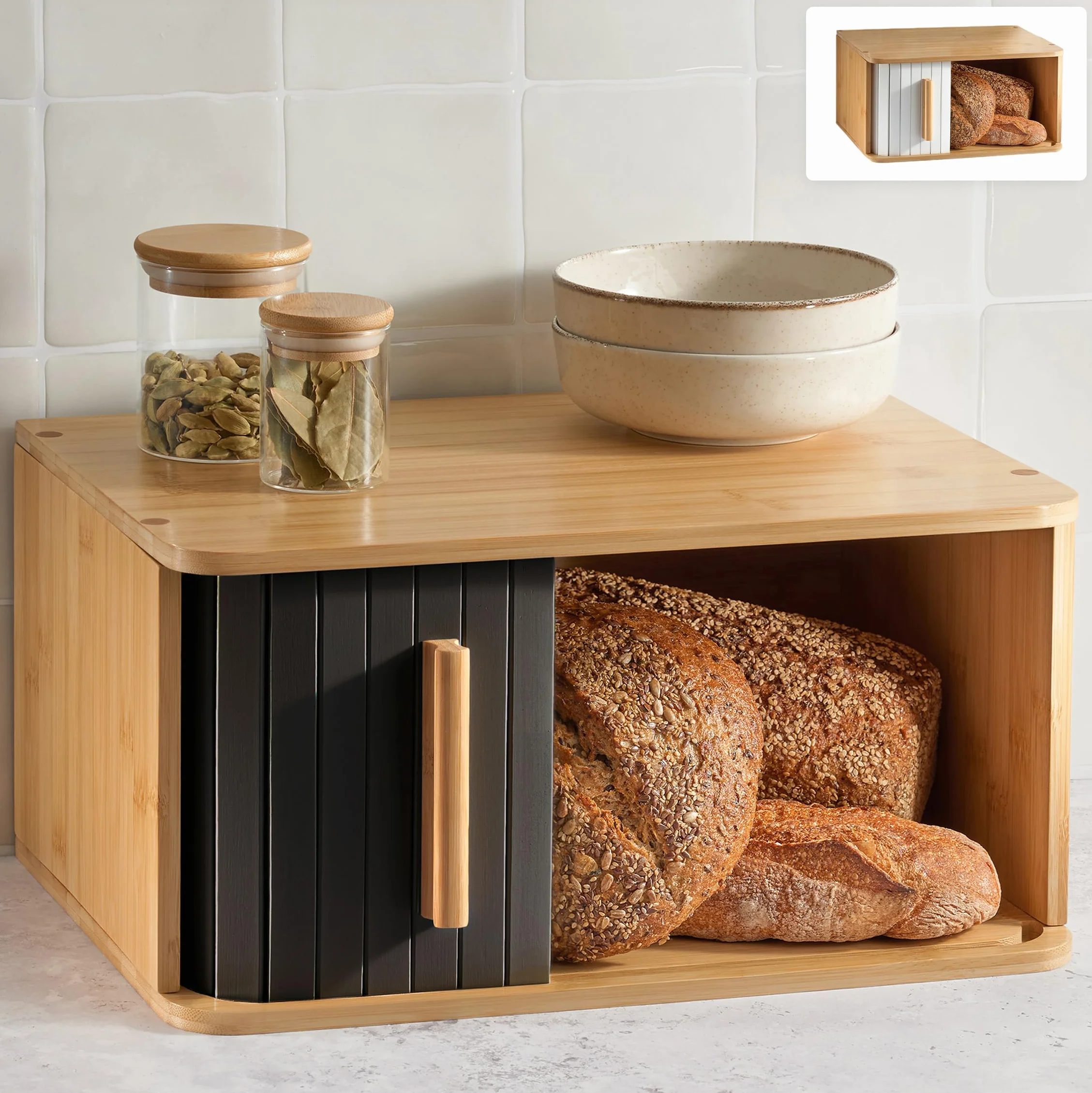 Bambusowy Pojemnik Na Chleb Duży - Fsc® Z Przesuwanymi Drzwiczkami - Przechowywanie Pieczywa 40 x 28cm - Oszczędza Miejsce - Dłużej Zachowuje Świeżość - Czarny