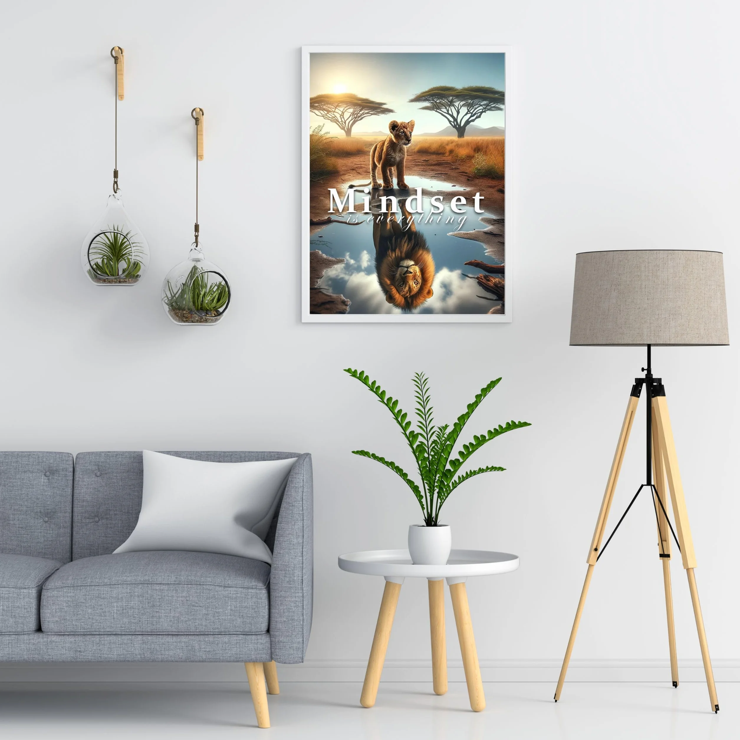 CLEAN SPORTS® Mindset is everything — plakat motywacyjny – lew dziecięcy widzi siebie jako dorosłego lew w lustrze – obraz motywacyjny do biura, sportu i Twojego sukcesu – bez ramki (DIN A1)