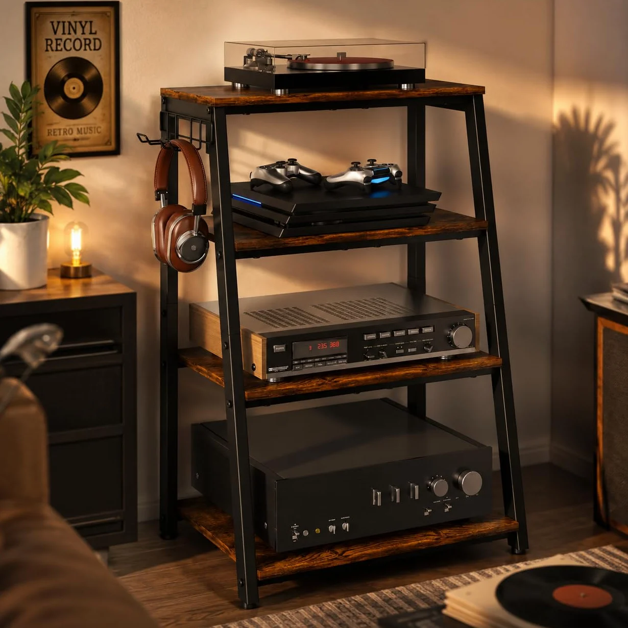 TWSOUL 4-stopniowy regał HiFi, szafka na gramofon, drewniana i stalowa wieża audio, regał do gier z otwartymi półkami, do gramofonów i systemów stereo oraz instalacji kompaktowych, 48 x 36 x 80 cm