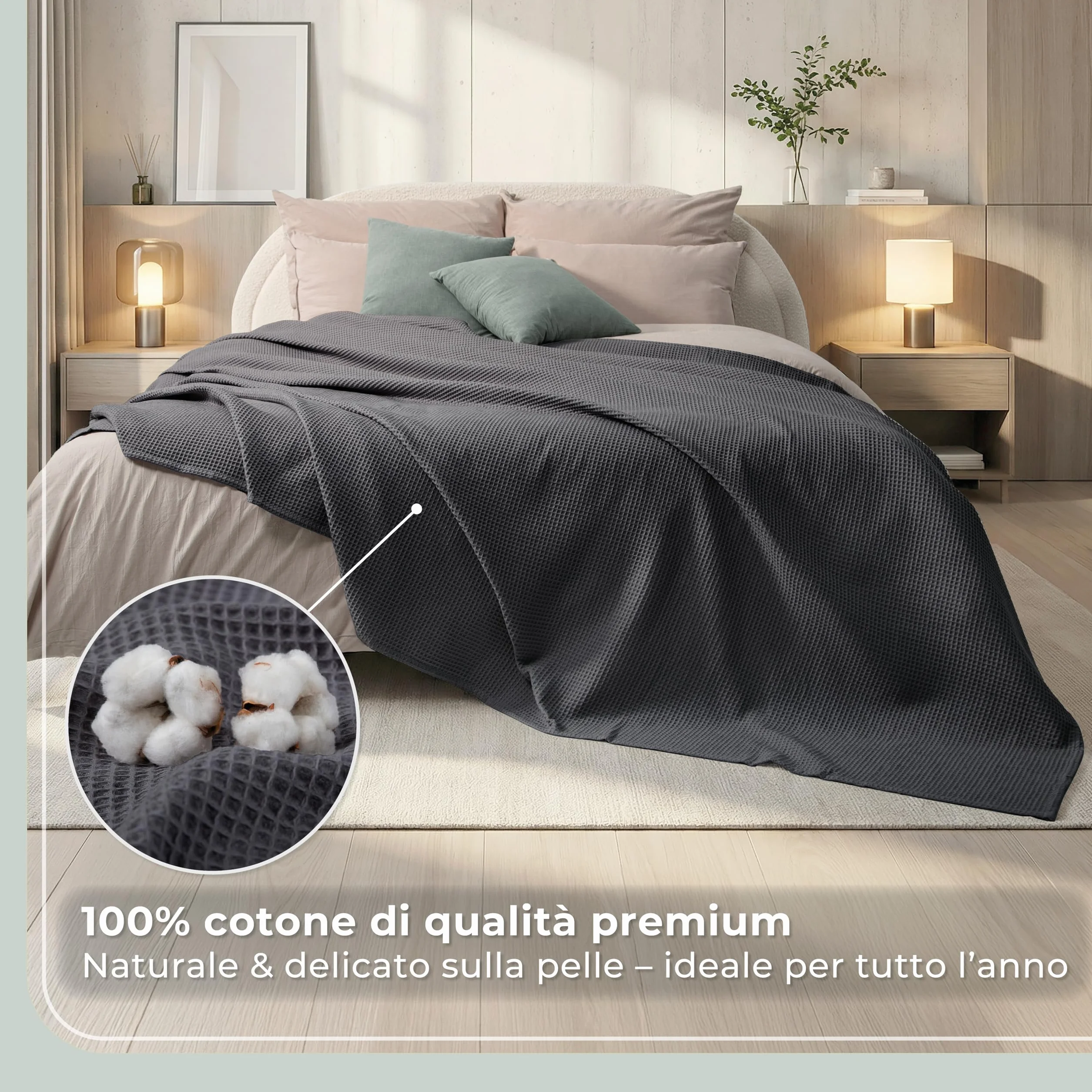 LAYNENBURG narzuta klasy premium, 180 x 220 cm, 100% bawełny o strukturze waflowej, lekkie nakrycie letnie, bawełniana narzuta na łóżko, sofę, antracytowa