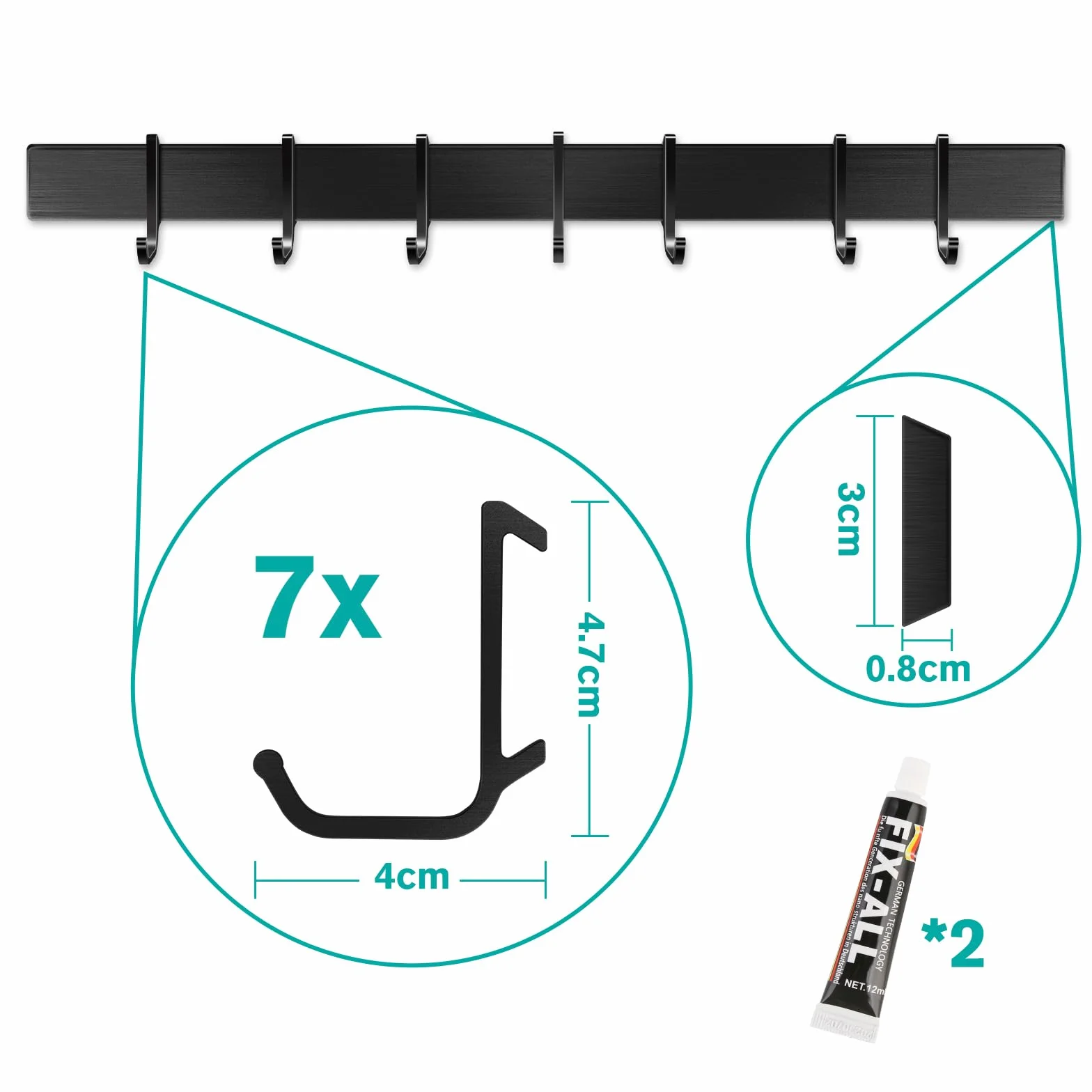 Aluminiowa listwa z haczykami do kuchni 40 cm czarna matowa bez wiercenia 7 haczyków
