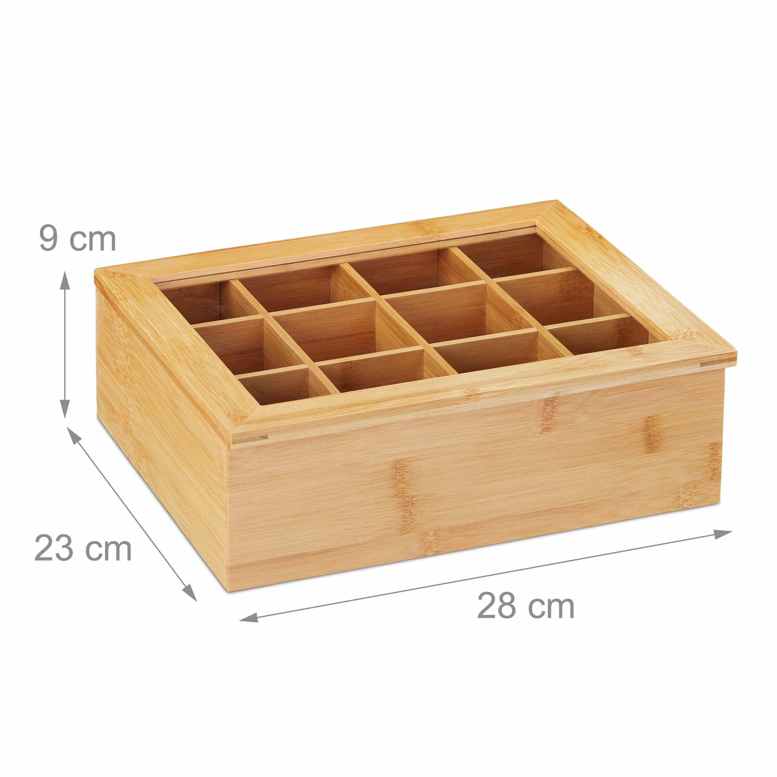 Relaxdays Pudełko na herbatę, bambus, 12 przegródek, skrzynka na herbatę z okienkiem, organizer na torebki herbaty, wys. x szer. x gł.: ok. 9 x 28 x 23 cm, kolor naturalny, 10032112