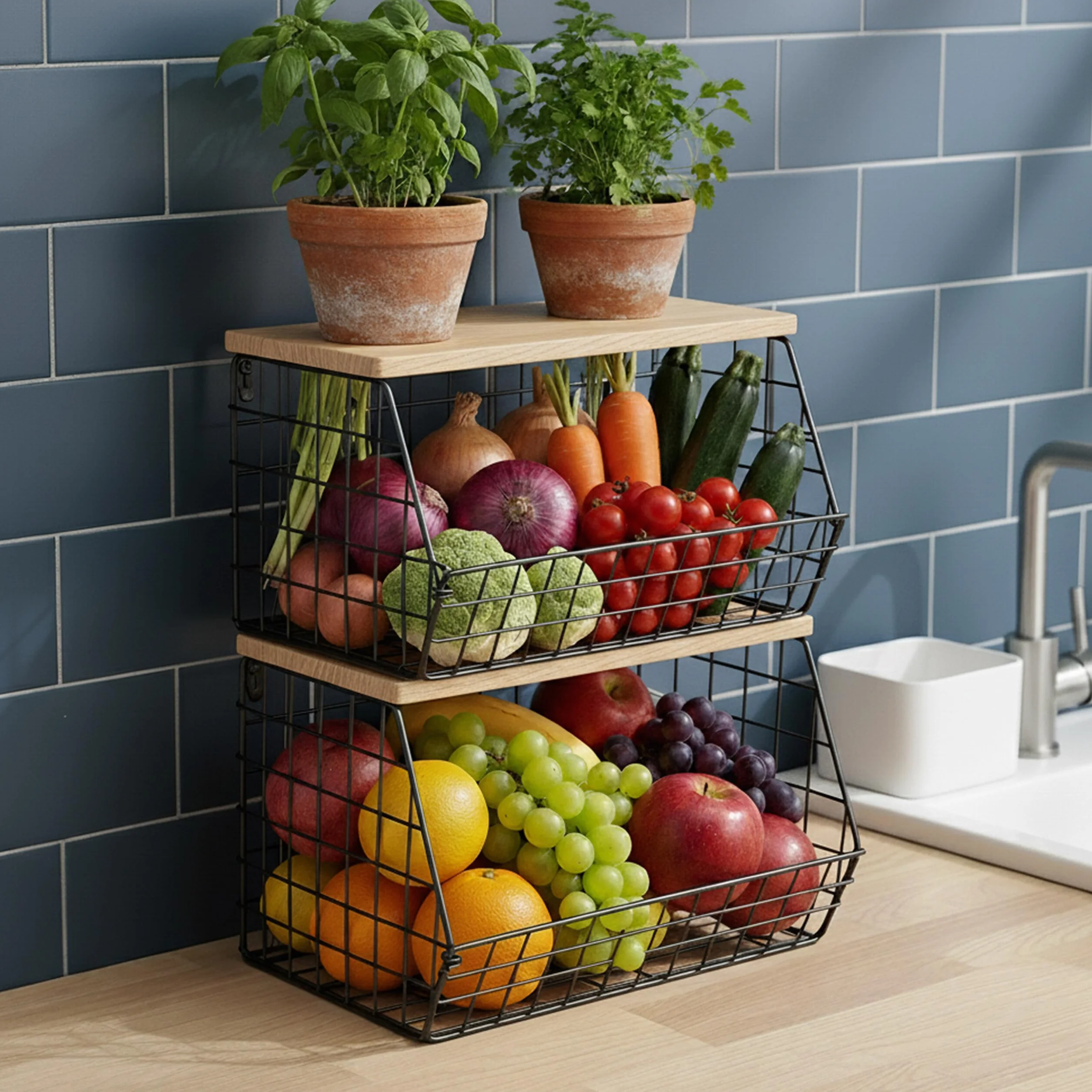 Relaxdays Naścienny kosz na owoce wiszący organizer kuchenny metalowa siatka 22 x 30 x 20 cm czarny