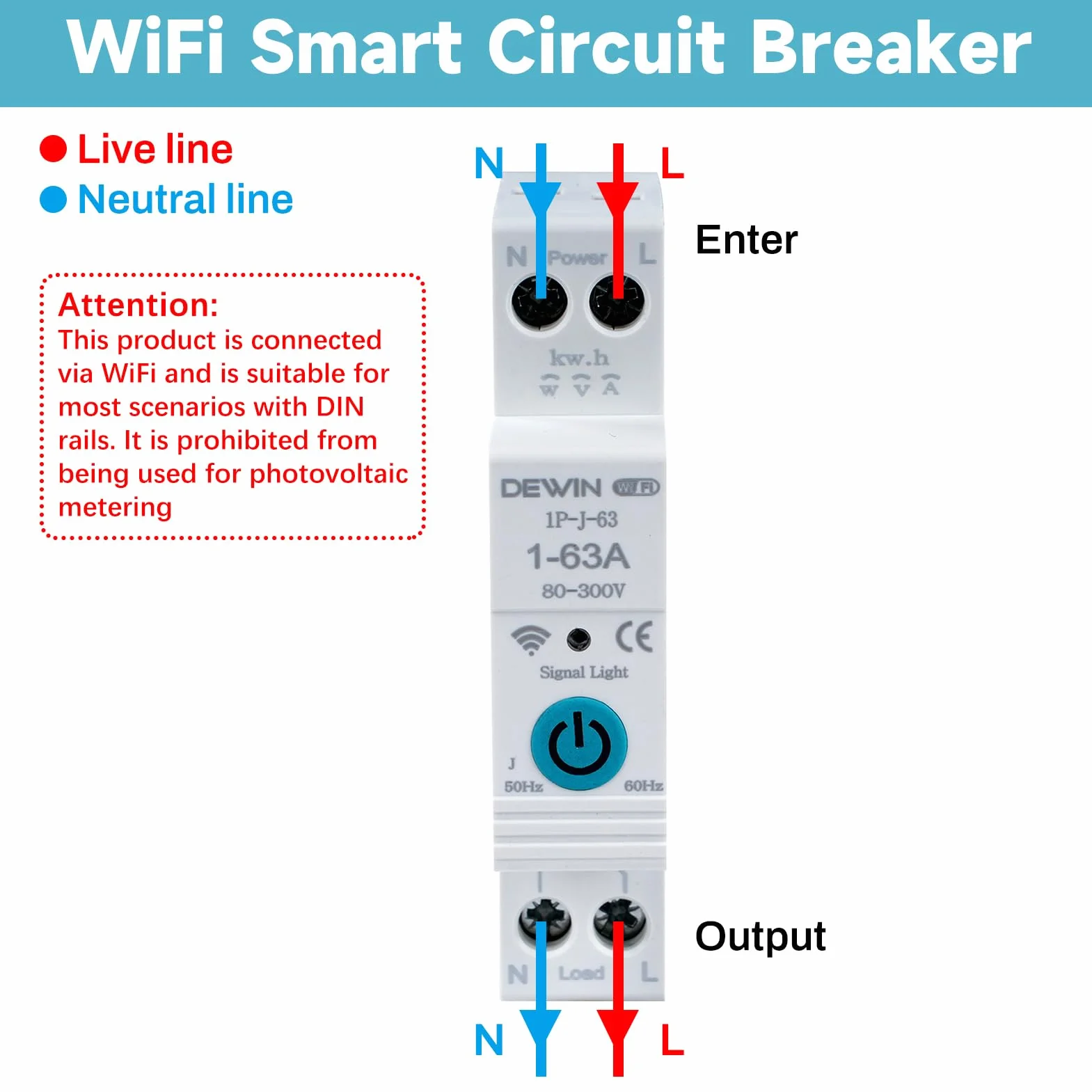 DEWIN Din Rail Circuit Breaker, Tuya WiFi inteligentny wyłącznik obwodu z pomiarem mocy do inteligentnego domu pilot zdalnego sterowania przełącznik 1P 63A AC 220V