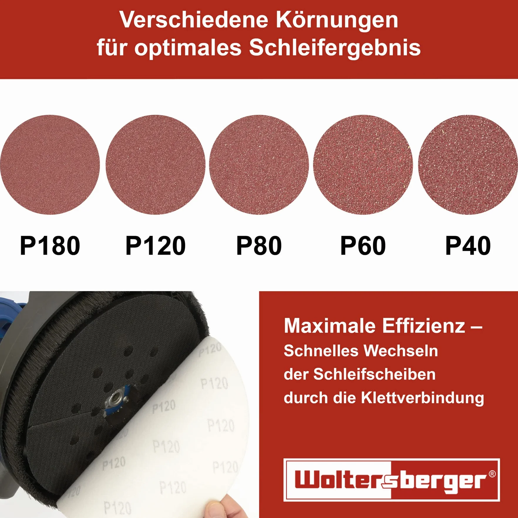 Woltersberger® 50 sztuk ściernic Ø 180 mm | ziarnistość P40, P80, P100, P180, P320 | bez otworu w kolorze czerwonym | papier ścierny szlifierski do płyt gipsowo-kartonowych