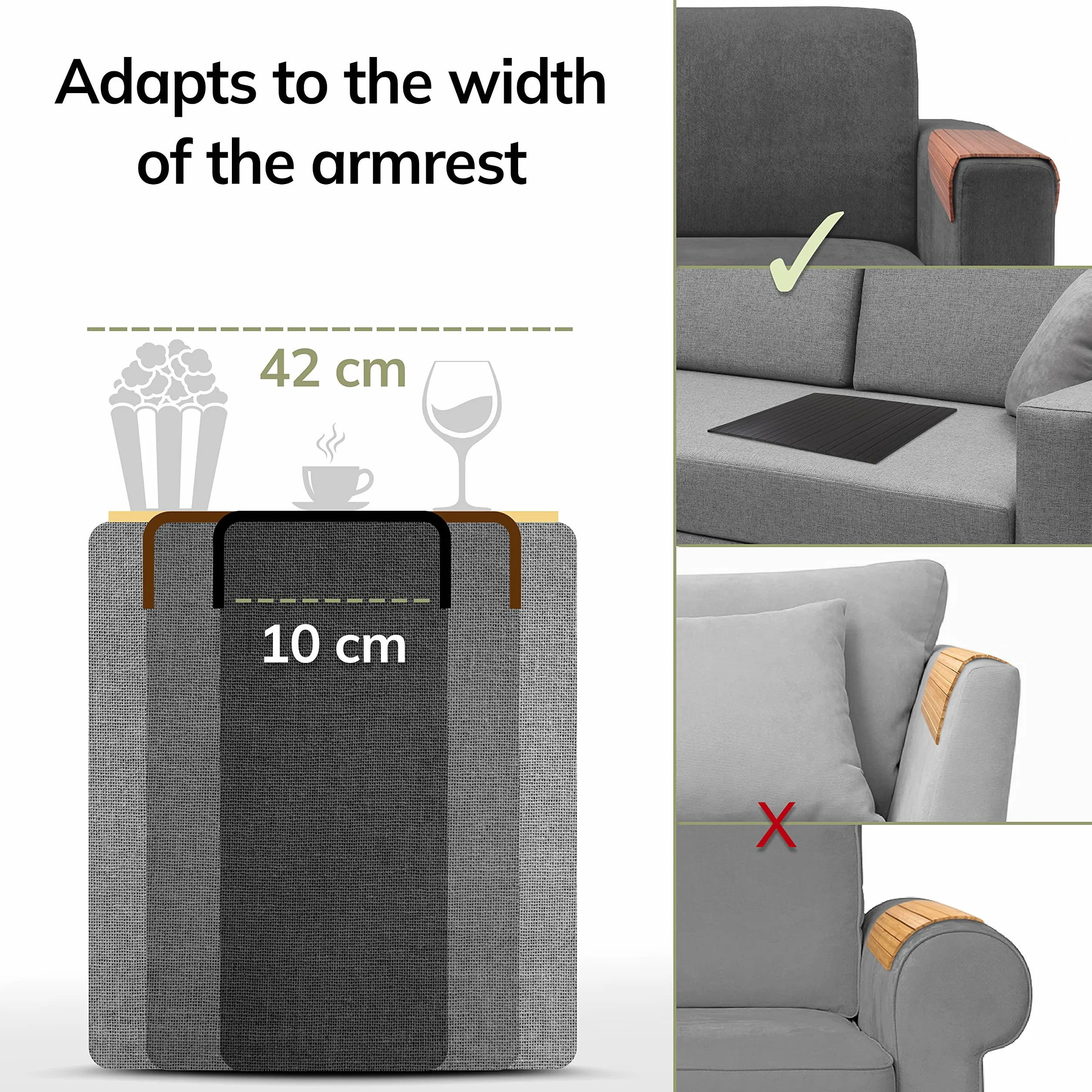 BAM BOO BOX Tacka na Podłokietnik Sofy Bambus – Stolik na Sofę 42x34x0,7cm Antypoślizgowy Elastyczny – Taca Sofa Bambus Napoje Przekąski (Brązowy)