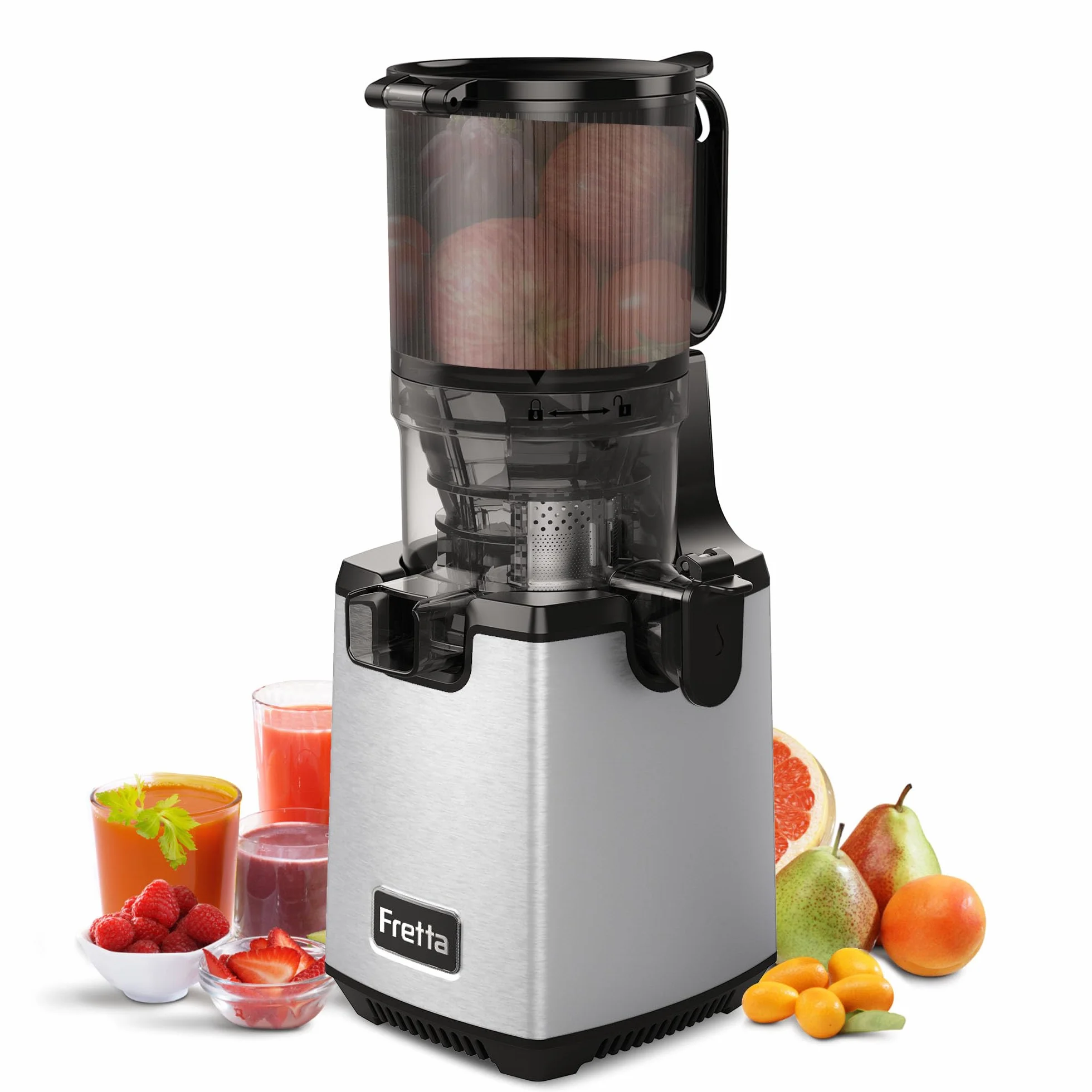 Fretta Wyciskarka wolnoobrotowa Slow Juicer, zwycięzca testu, otwór 135 mm i wyciskarka do soków 1,8 l z funkcją odwrócenia, łatwy montaż i czyszczenie, w 100% wolna od BPA, 250 W (Srebrny Metaliczny)