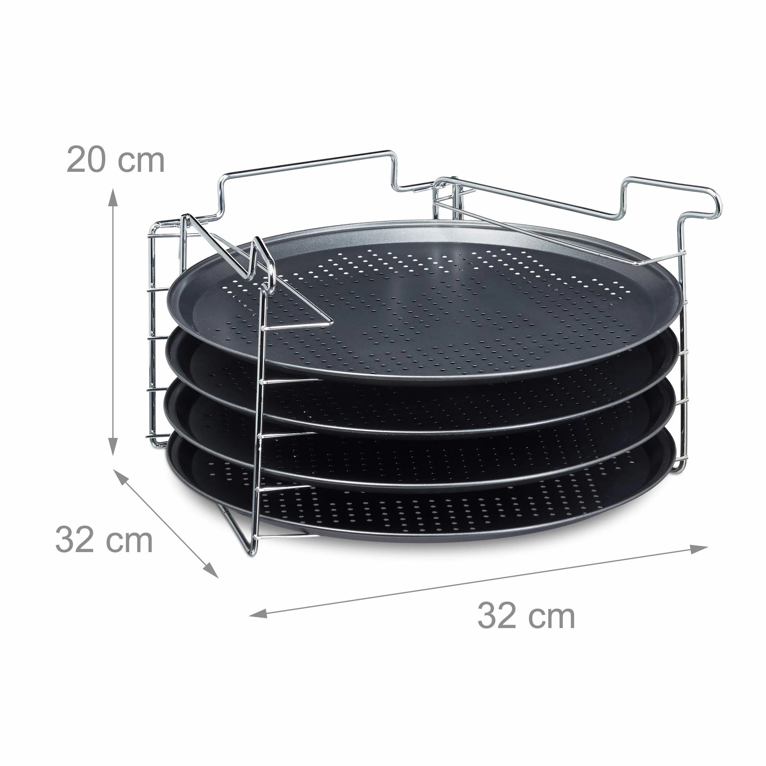 Relaxdays zestaw 4 okrągłych blach do pizzy, powłoka non-stick, forma z żelaza, do piekarnika, 20 x 32 x 32 cm, szary
