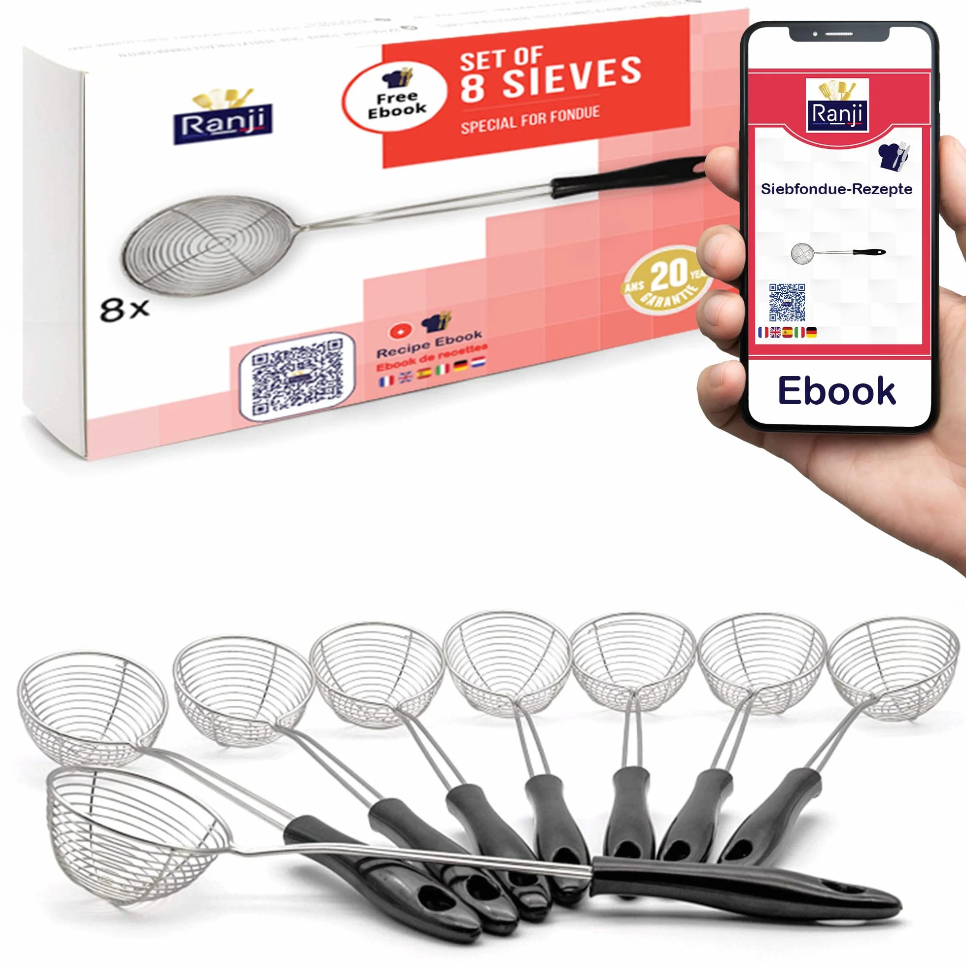 Ranji® Sitko do fondue ze stali nierdzewnej, łatwe w pielęgnacji, idealne do fondue, 8 sztuk