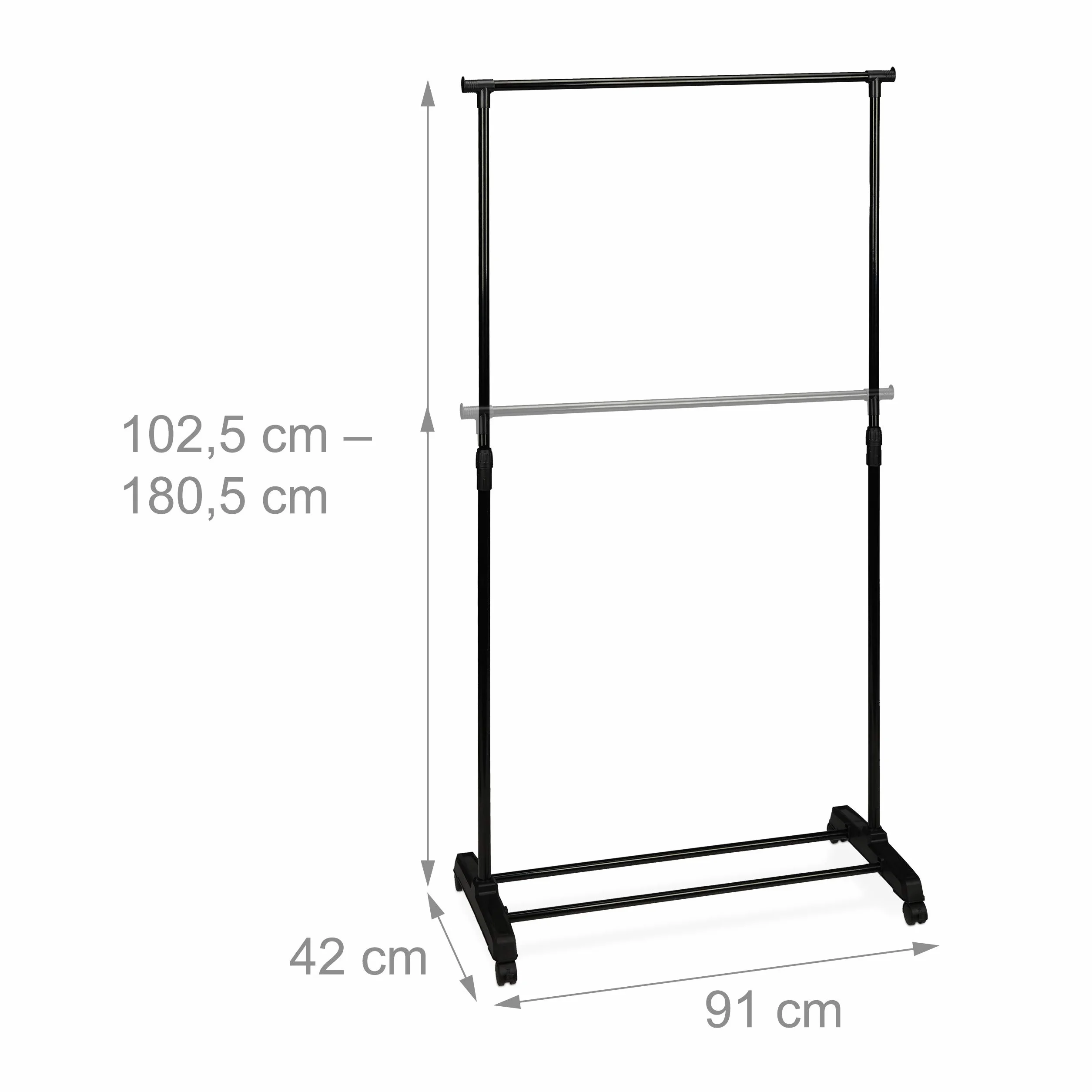 Relaxdays Ruchomy wieszak na ubrania, stabilna garderoba na kółkach z półką, żelazo, regulacja wysokości 102,5 – 180,5 cm, czarny