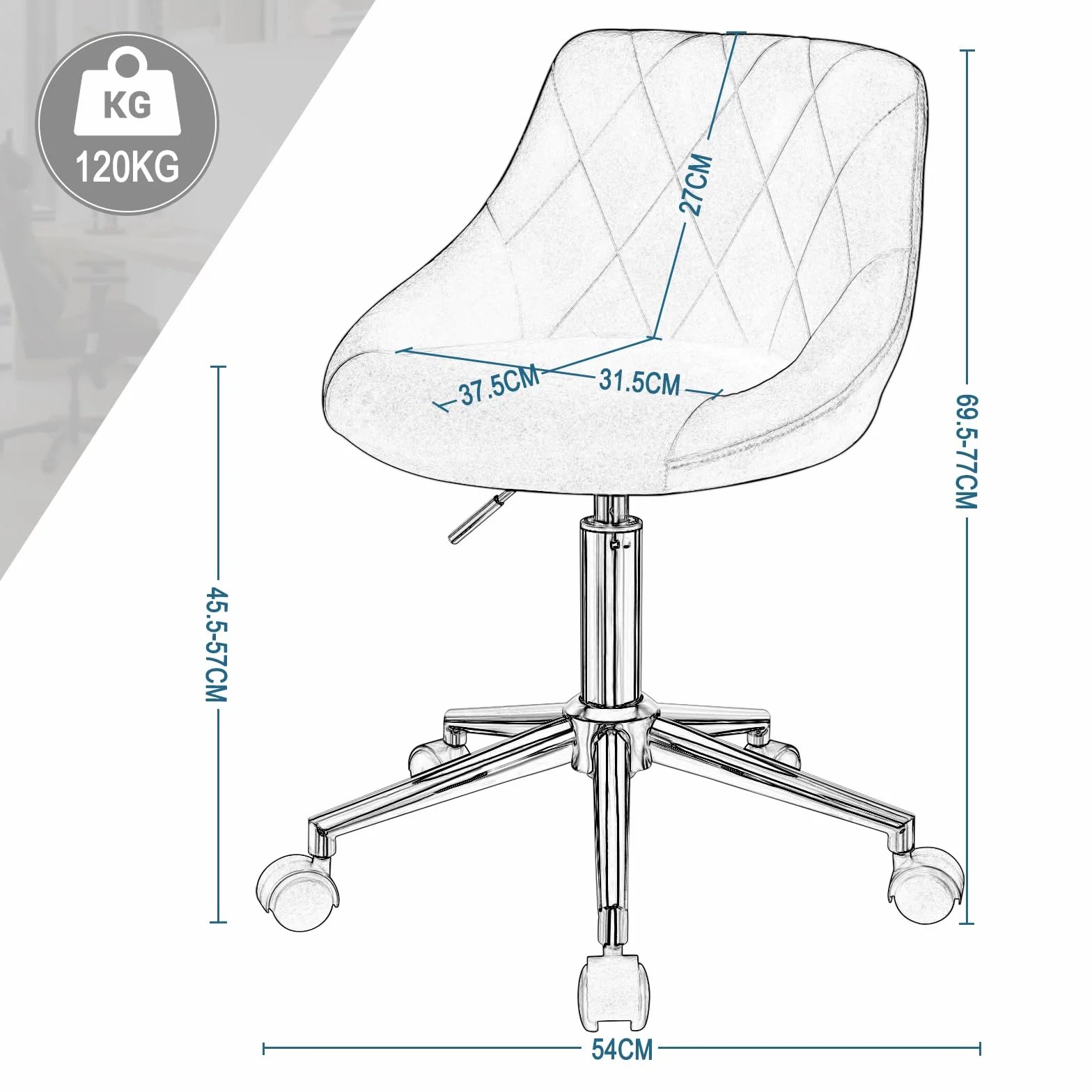 EUGAD taboret biurowy na kółkach, taboret roboczy, krzesło biurowe, krzesło biurowe dla dzieci, taboret z regulacją wysokości, obrotowy z rolkami, aksamit, jasnoszary 0032BGY