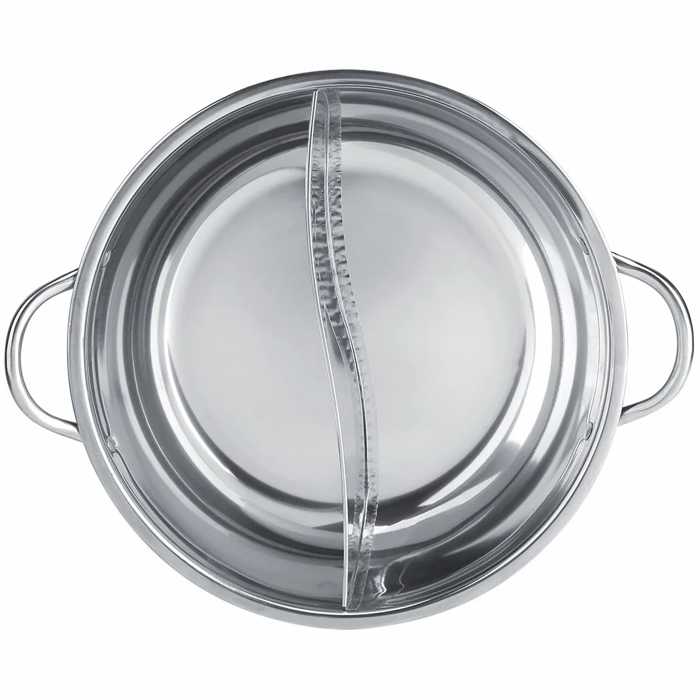 Chiński Hot Pot, dwupokojowy garnek ze stali nierdzewnej Shabu-Shabu, głęboki dla 4-5 osób, używany z kuchenką indukcyjną / piekarnikiem gazowym / piekarnikiem elektrycznym / płytą ceramiczną - srebrny (34cm)