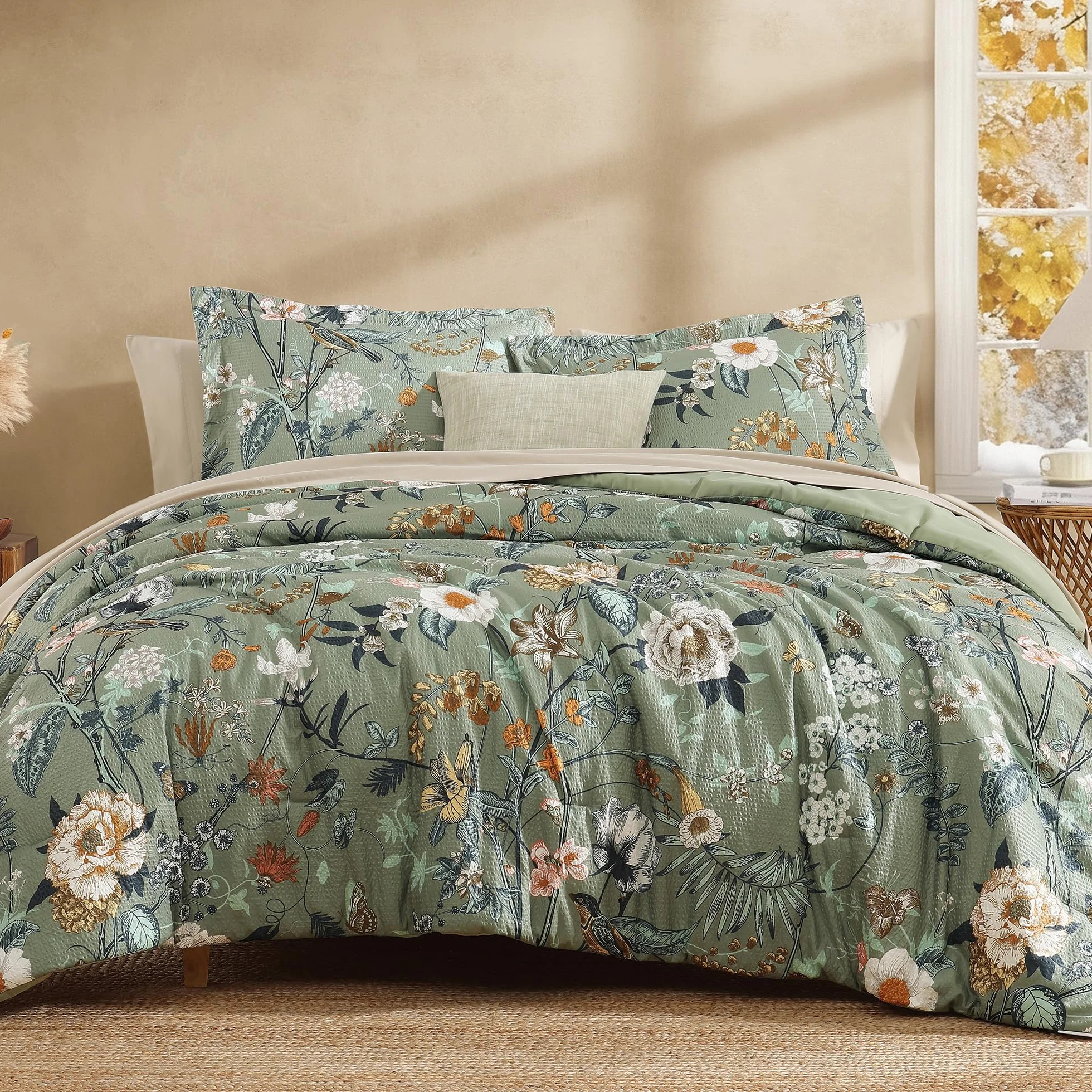 CASAAGUSTO Zestaw pościeli w rozmiarze king size, 7 szt., zielony, kwiatowy zestaw pościeli ze wzorem kwiatów, liści, miękki, całoroczny zestaw pościeli z mikrofibry, z poduszką dekoracyjną (250 x 228