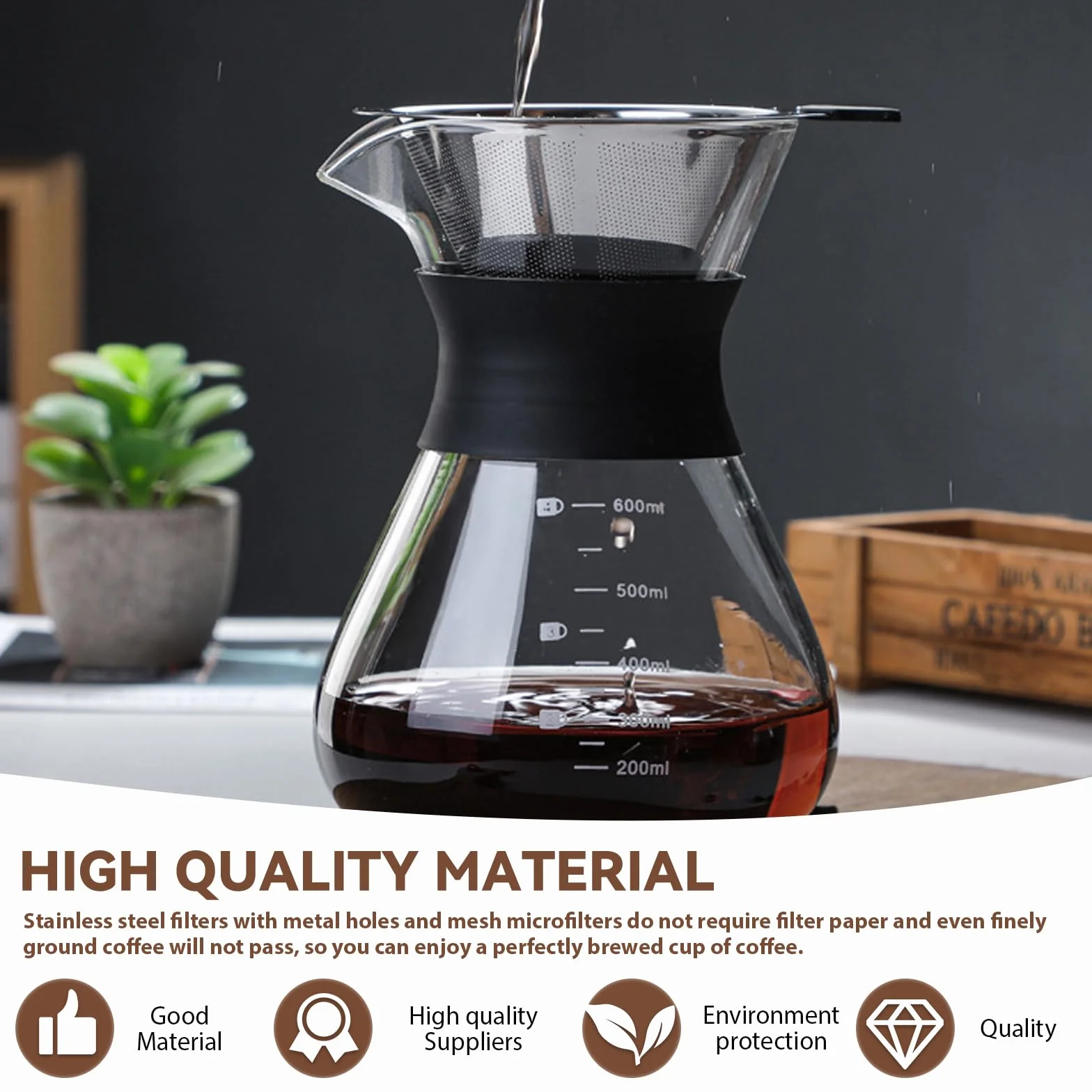 GOMETY Pour Over zaparzacz do kawy, 600 ml, szklany dzbanek borokrzemowy z dwuwarstwowym filtrem ze stali nierdzewnej, filtr permanentny, zaparzacz do kawy