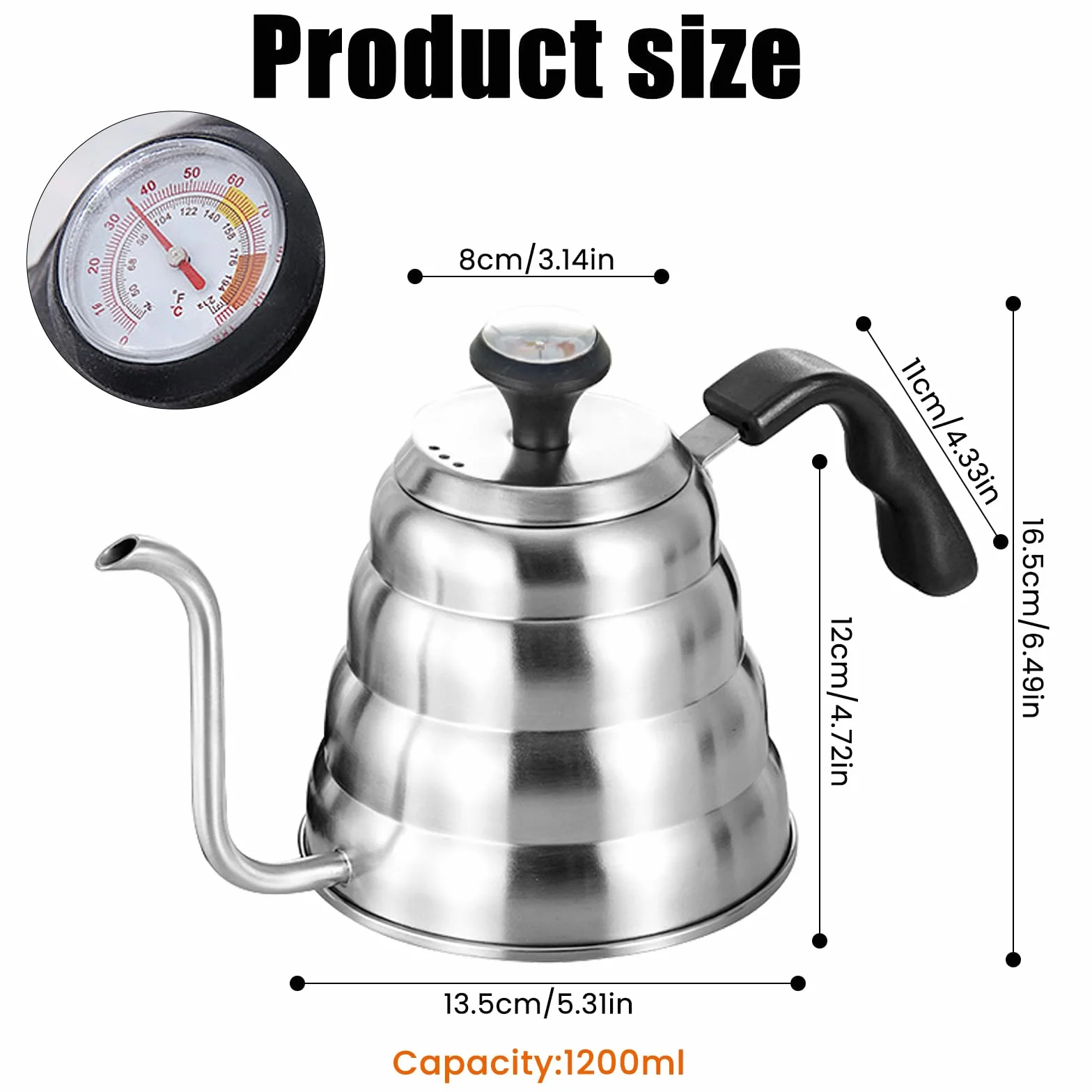 Czajnik typu łabędzia szyja: 1200 ml / 40 oz ze stali nierdzewnej, dzbanek do kawy, czajnik z termometrem, do wszystkich typów kuchenek, trwały, łatwy do czyszczenia