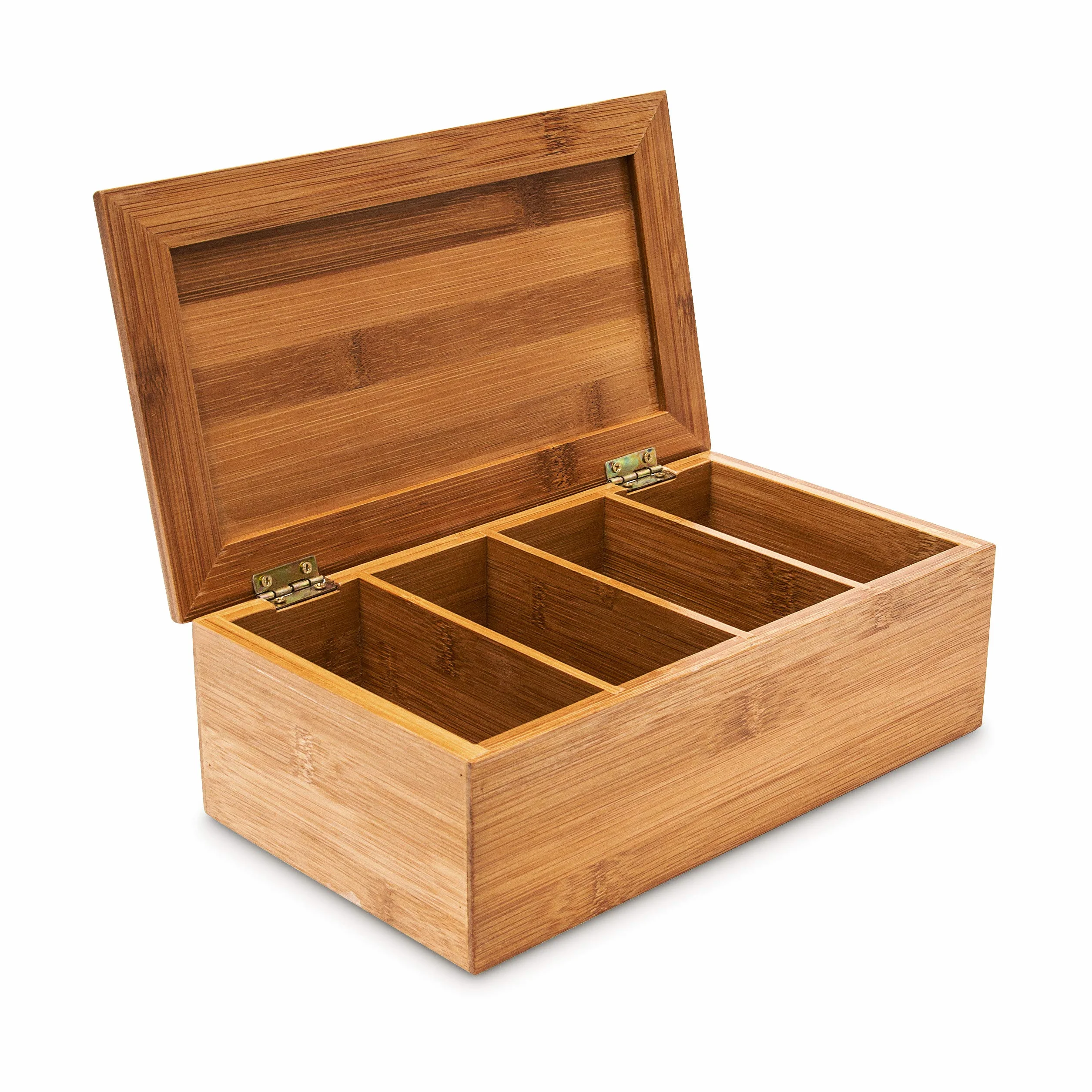 Relaxdays Pudełko na herbatę (wys. x szer. x gł.): 9 x 28,5 x 16 cm, z bambusa, z otwieraną pokrywką, puszka na herbatę z 4 przegródkami, na około 80 torebek herbaty jako pudełko na torebki herbaty i