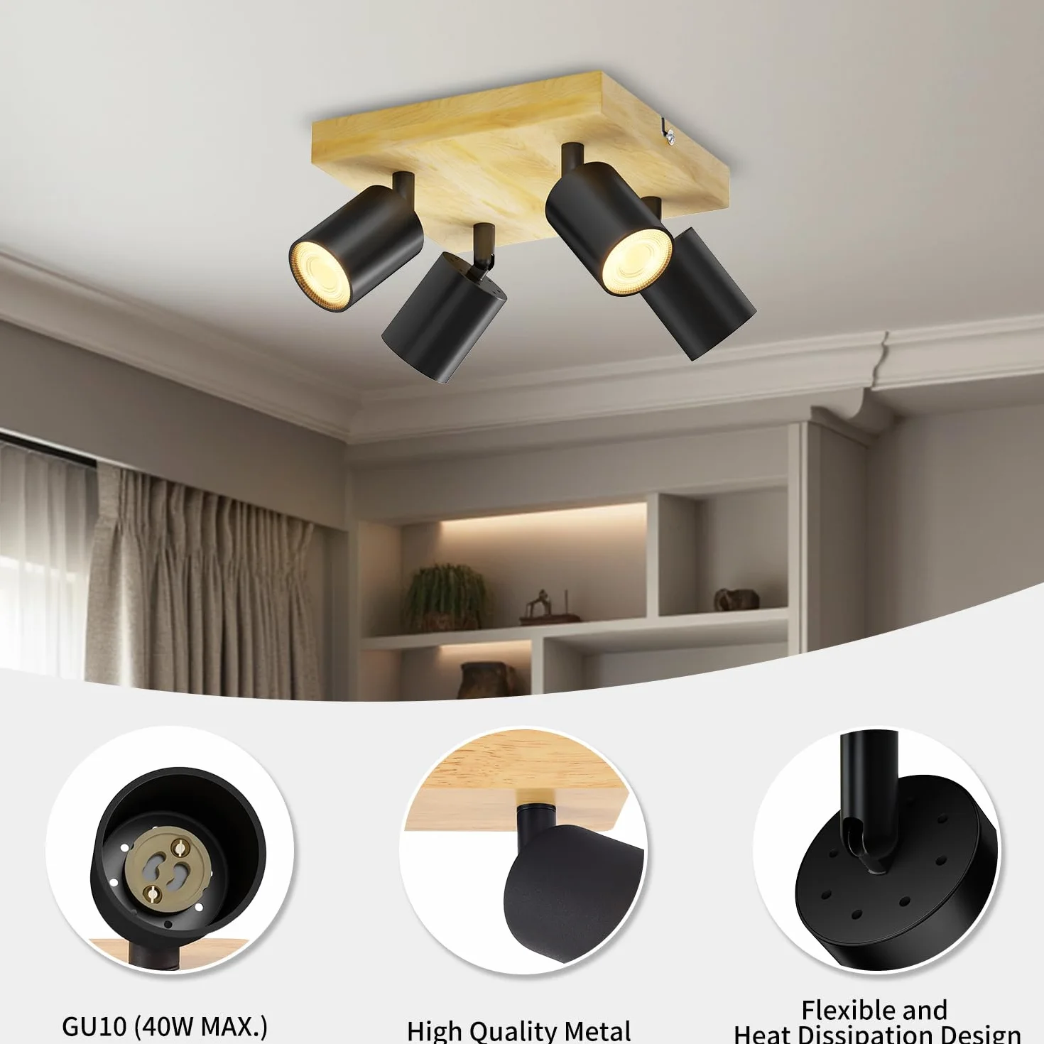 LVWIT Lampa sufitowa 4 reflektory LED GU10, czarne oświetlenie wewnętrzne, drewniana lampa sufitowa z kwadratową podstawą, reflektor sufitowy, żyrandol Led do salonu, kinkiet do sypialni (bez żarówek)