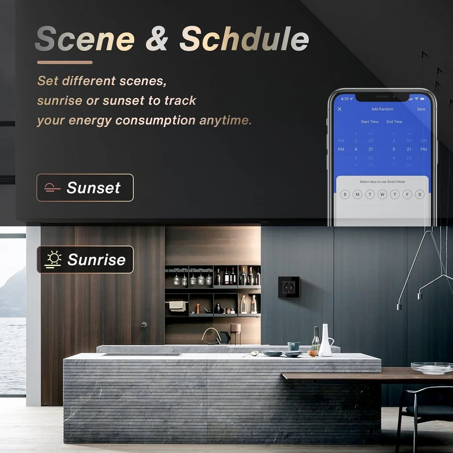 BSEED Schuko gniazdko elektryczne WiFi, podtynkowe, z monitorowaniem energii, 16 A, Smart Alexa, sterowanie aplikacją, pomiar zużycia prądu, harmonogramy, timer, tylko 2,4 GHz, czarne