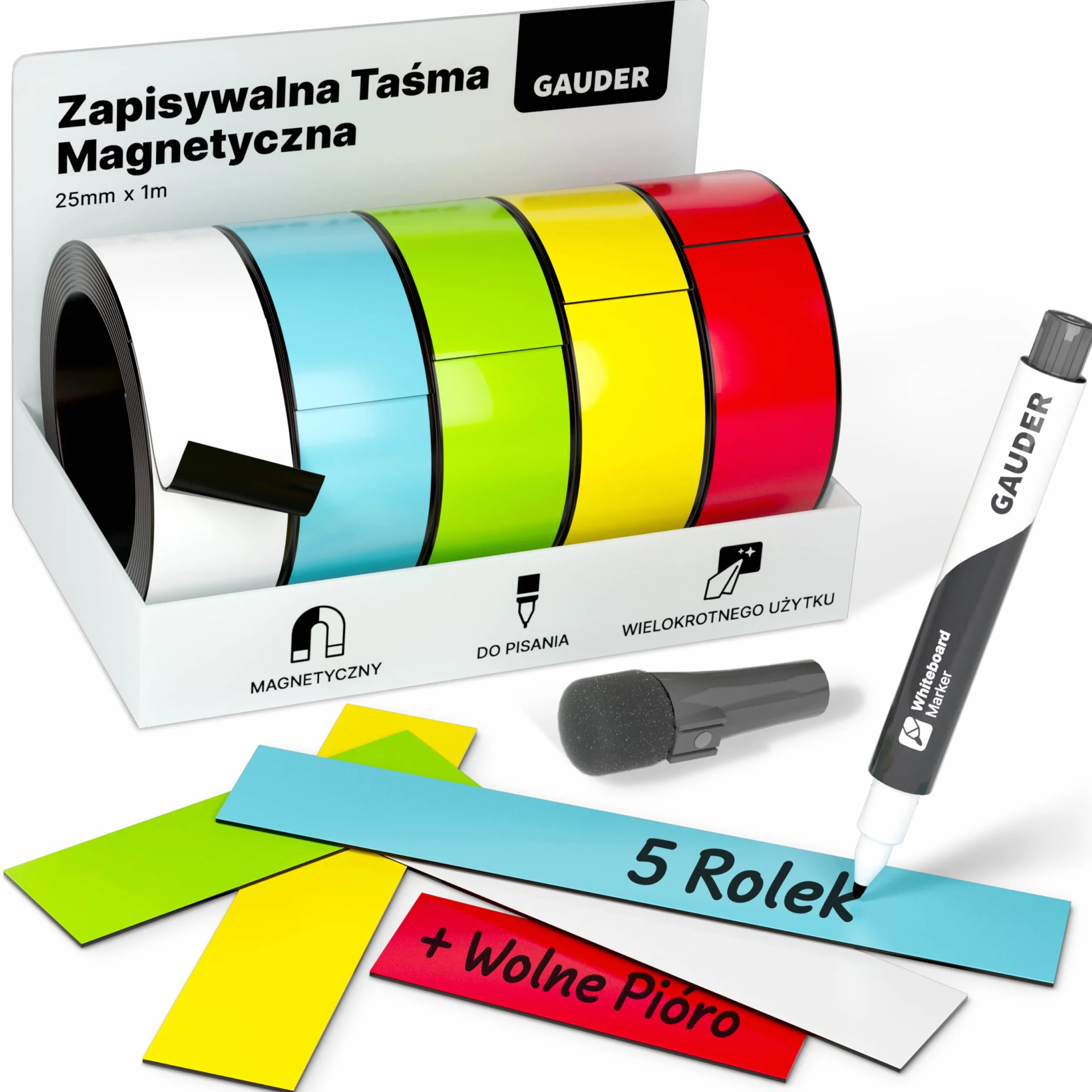 GAUDER 5x Paski Magnetyczne zapisywalne | Taśma Magnetyczna do pisania | Paski Magnetyczne zapisywalne wielokolorowe (25 mm x 1 m)
