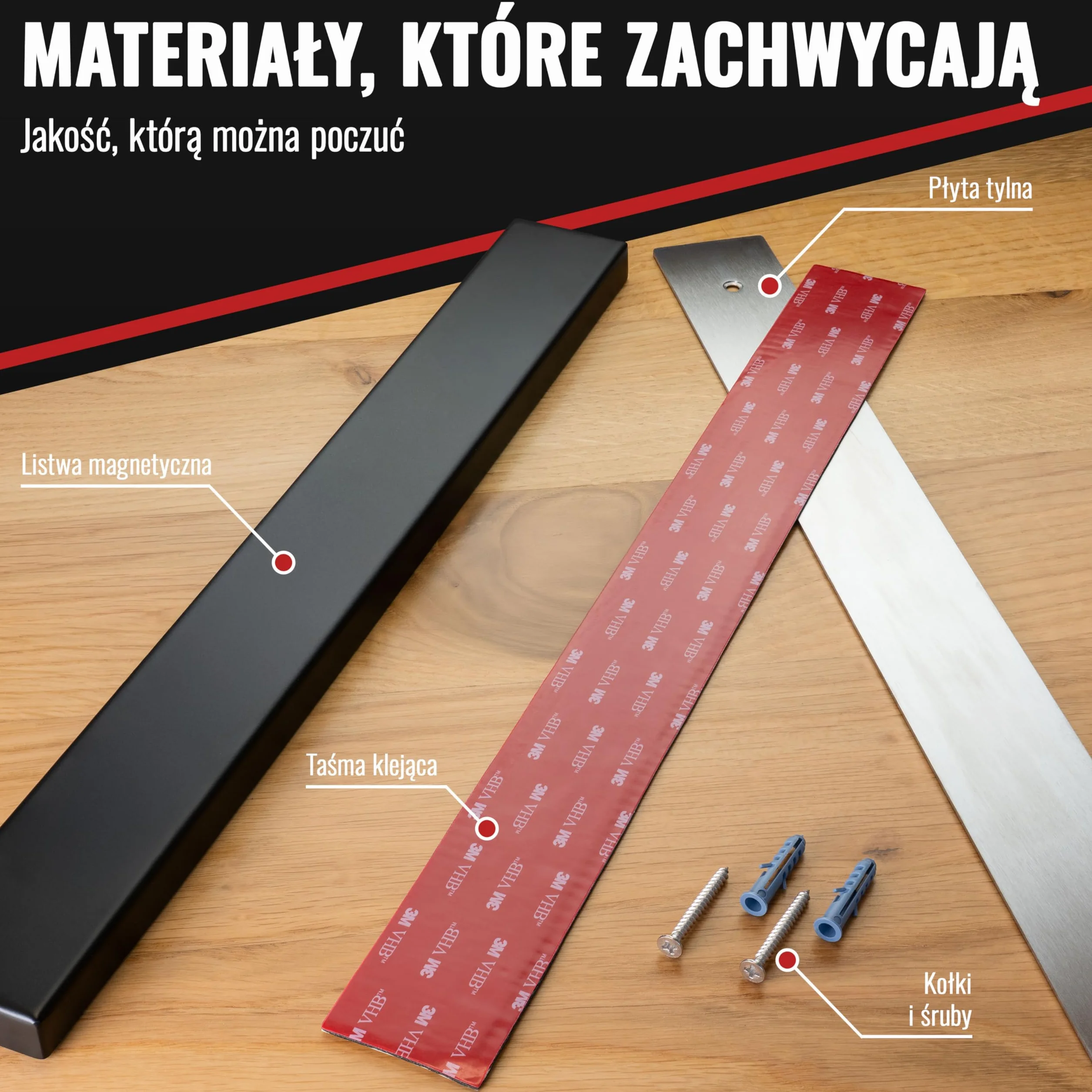 Poppstar magnetyczna listwa na noże ze stali nierdzewnej, 40 cm, z wyjątkowo mocnym magnesem, kolor czarny, różne możliwości montażu, samoprzylepna