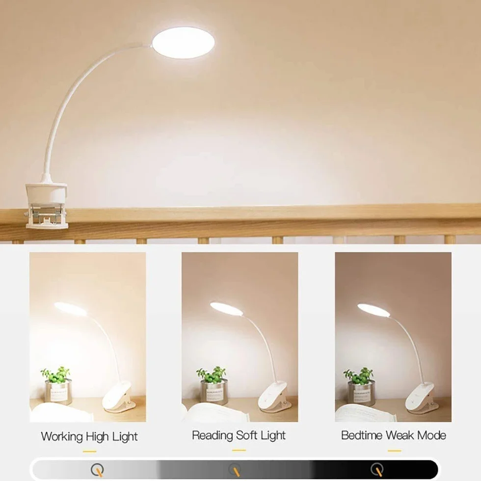 Lampa do czytania z klipsem, zasilana bateriami z 3 poziomami jasności, ładowana przez USB